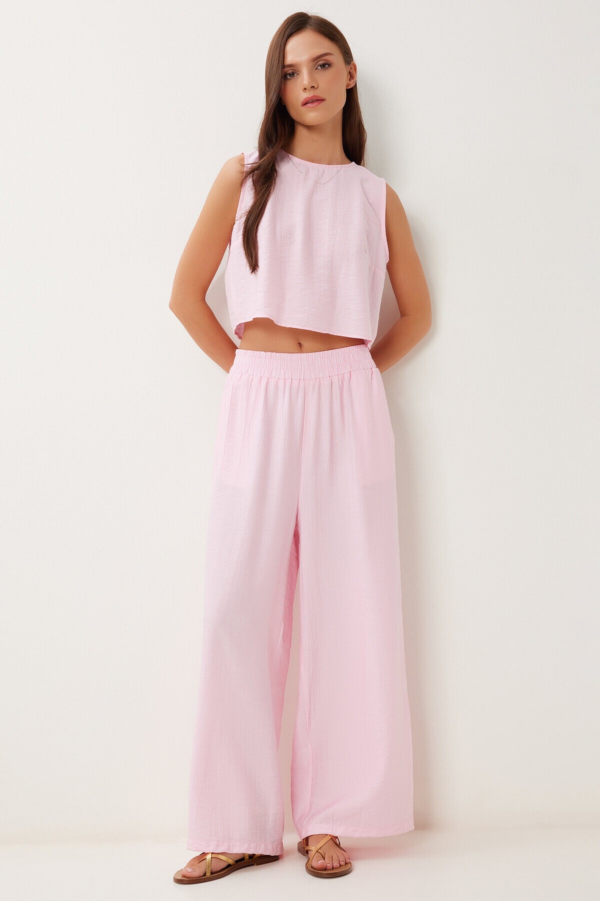Bağlama Detaylı Bluz Pantolon Takım ŞEKER PEMBE LRV0104
