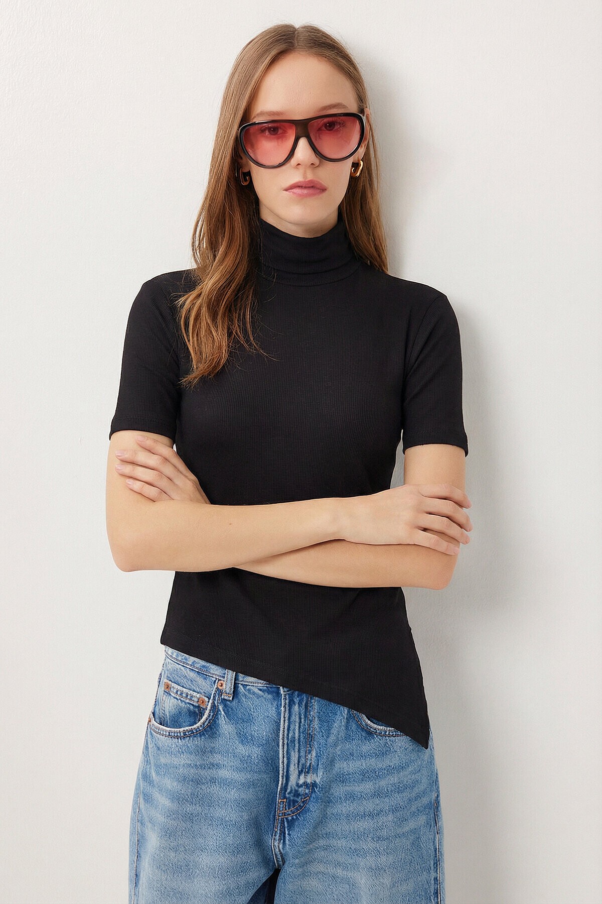 Balıkçı Yaka Asimetrik Örme Bluz SİYAH LMC0090