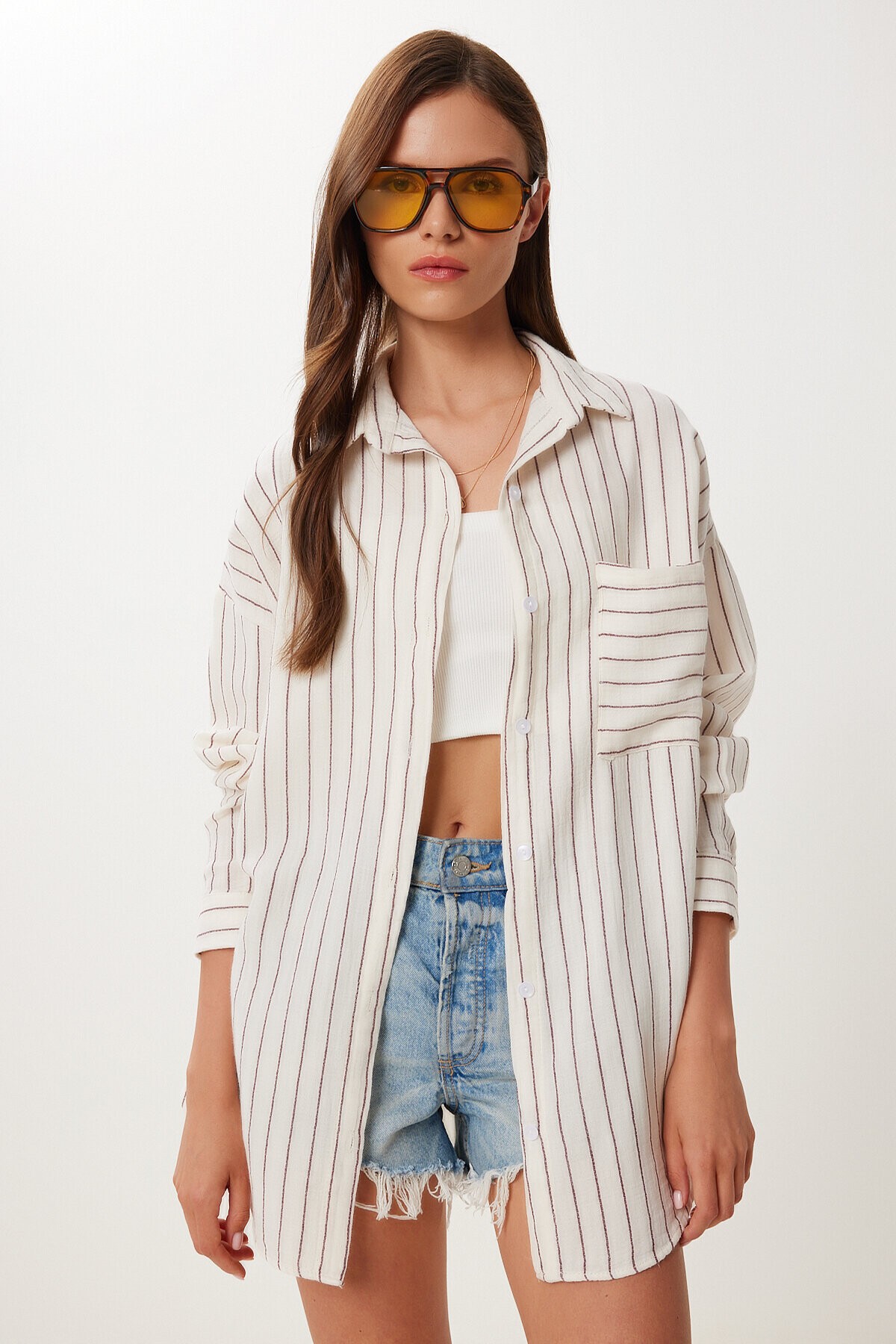 Çizgili Oversize Müslin Gömlek KREM BORDO LGP0014