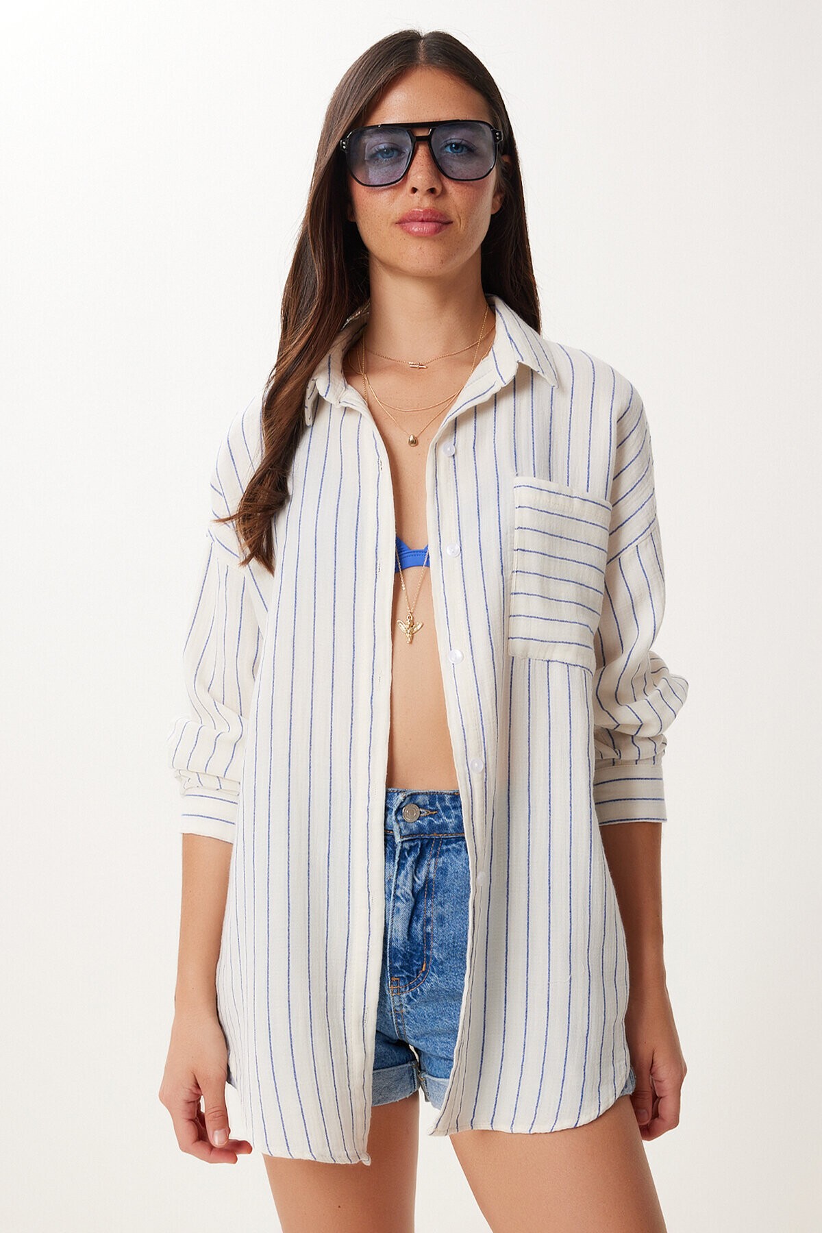 Çizgili Oversize Müslin Gömlek KREM MAVİ LGP0014