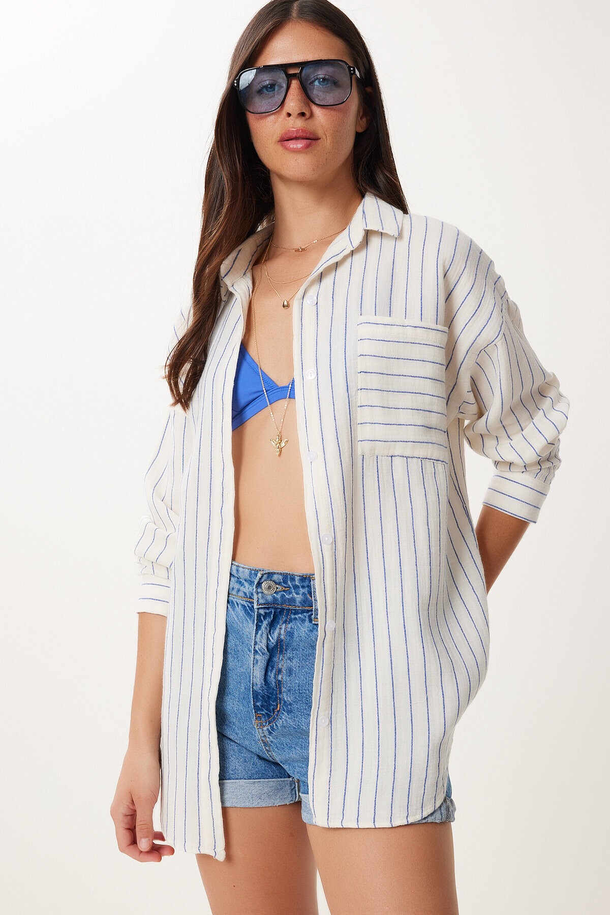 Çizgili Oversize Müslin Gömlek KREM MAVİ LGP0014
