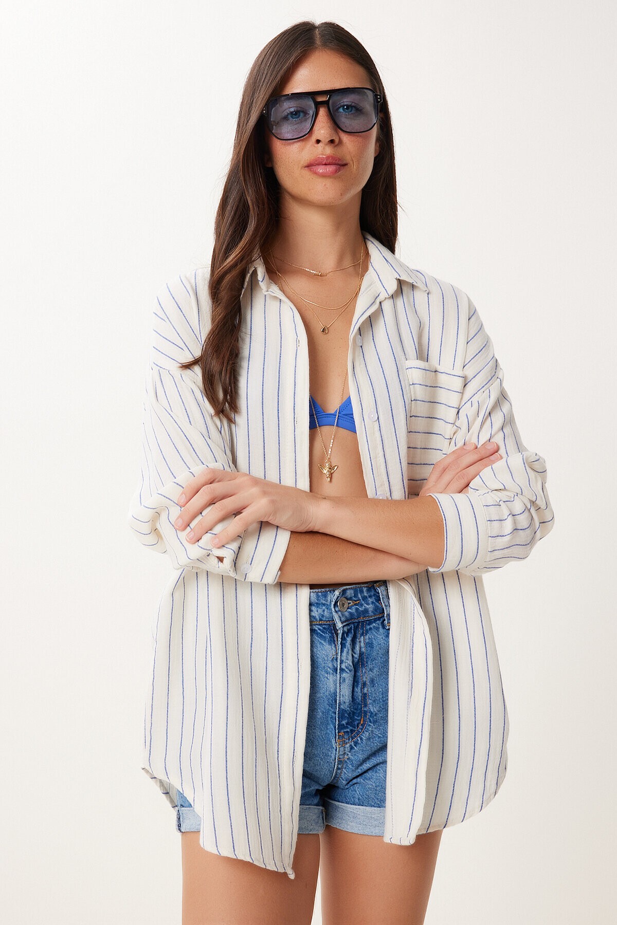 Çizgili Oversize Müslin Gömlek KREM MAVİ LGP0014