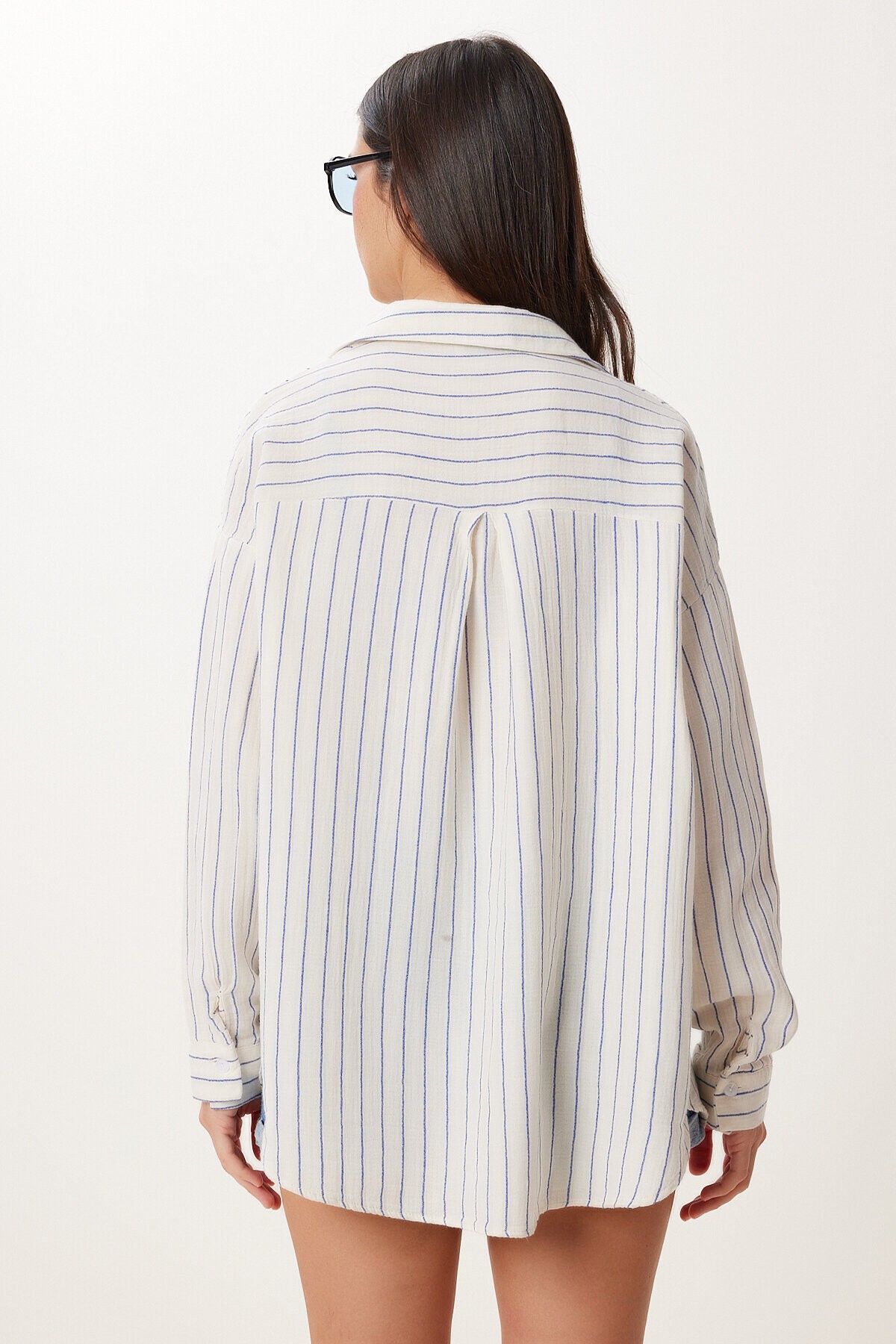 Çizgili Oversize Müslin Gömlek KREM MAVİ LGP0014