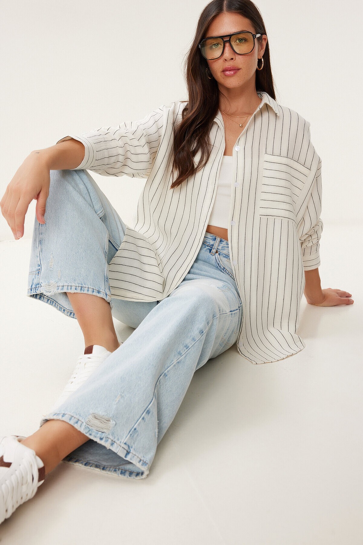 Çizgili Oversize Müslin Gömlek KREM SİYAH LGP0014