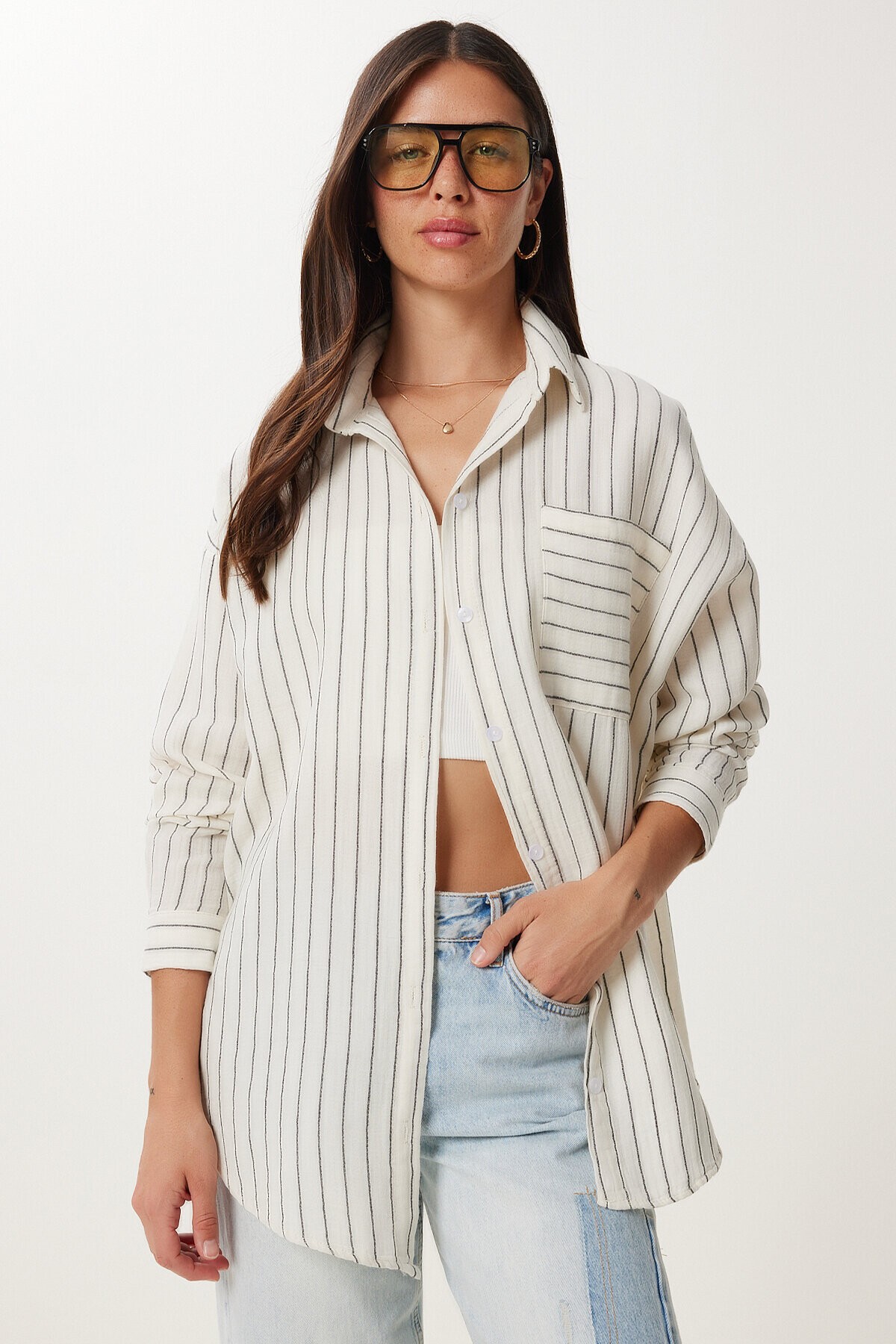 Çizgili Oversize Müslin Gömlek KREM SİYAH LGP0014