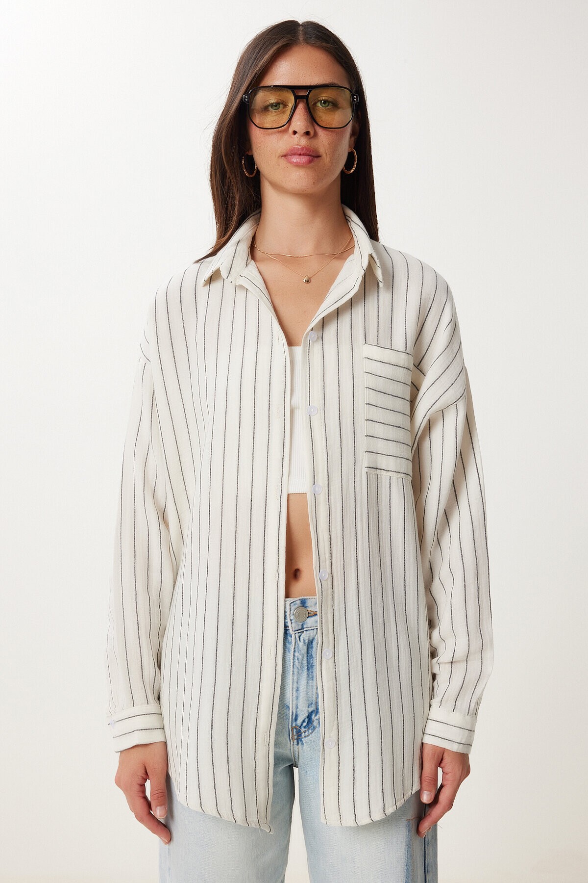 Çizgili Oversize Müslin Gömlek KREM SİYAH LGP0014