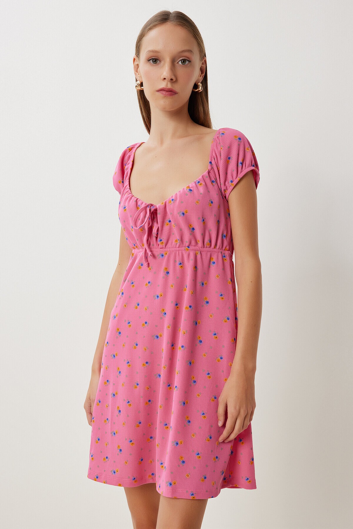 Desenli Mini Örme Elbise KOYU PEMBE LUB0167