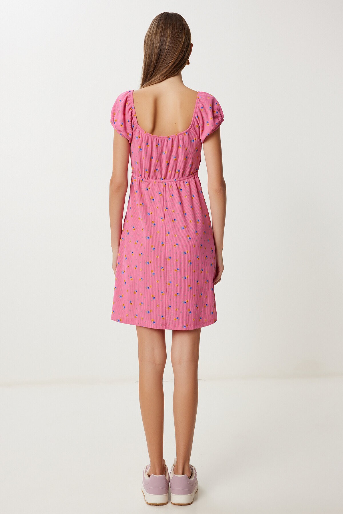 Desenli Mini Örme Elbise KOYU PEMBE LUB0167
