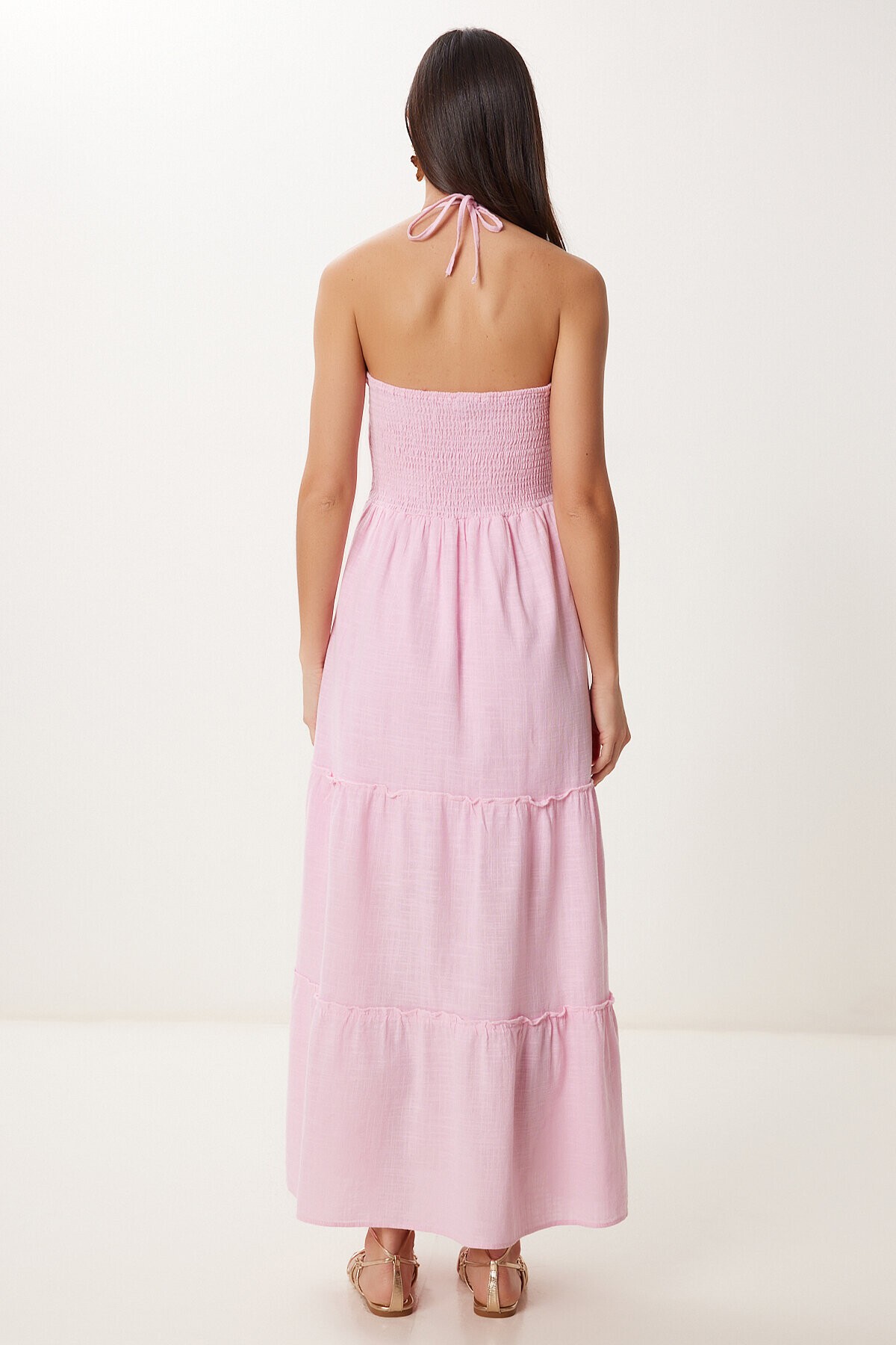 Halter Yaka Volanlı Yazlık Keten Elbise ŞEKER PEMBE LGP0015
