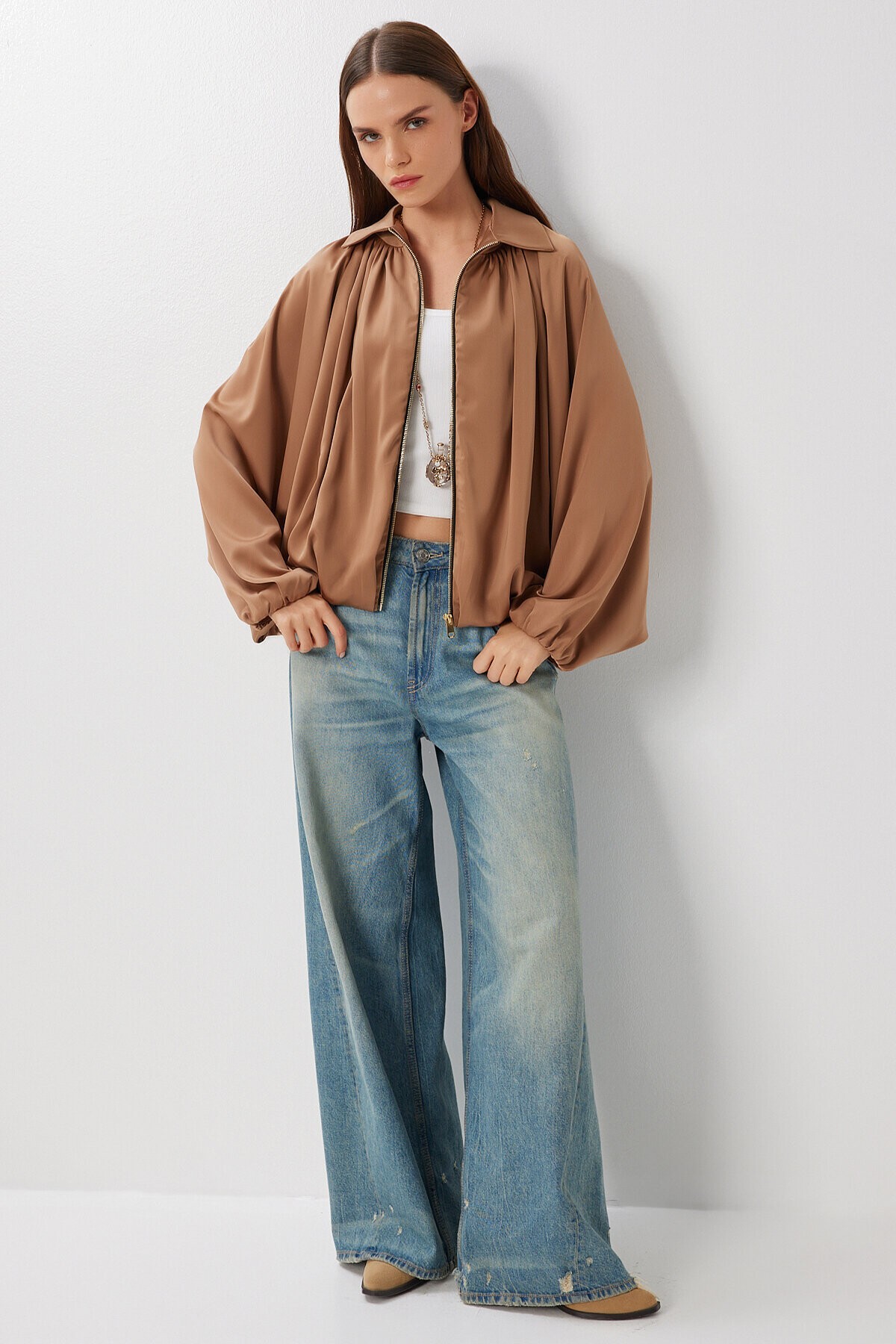 Kabarık Saten Yüzeyli Bomber Ceket CAMEL LMW0033