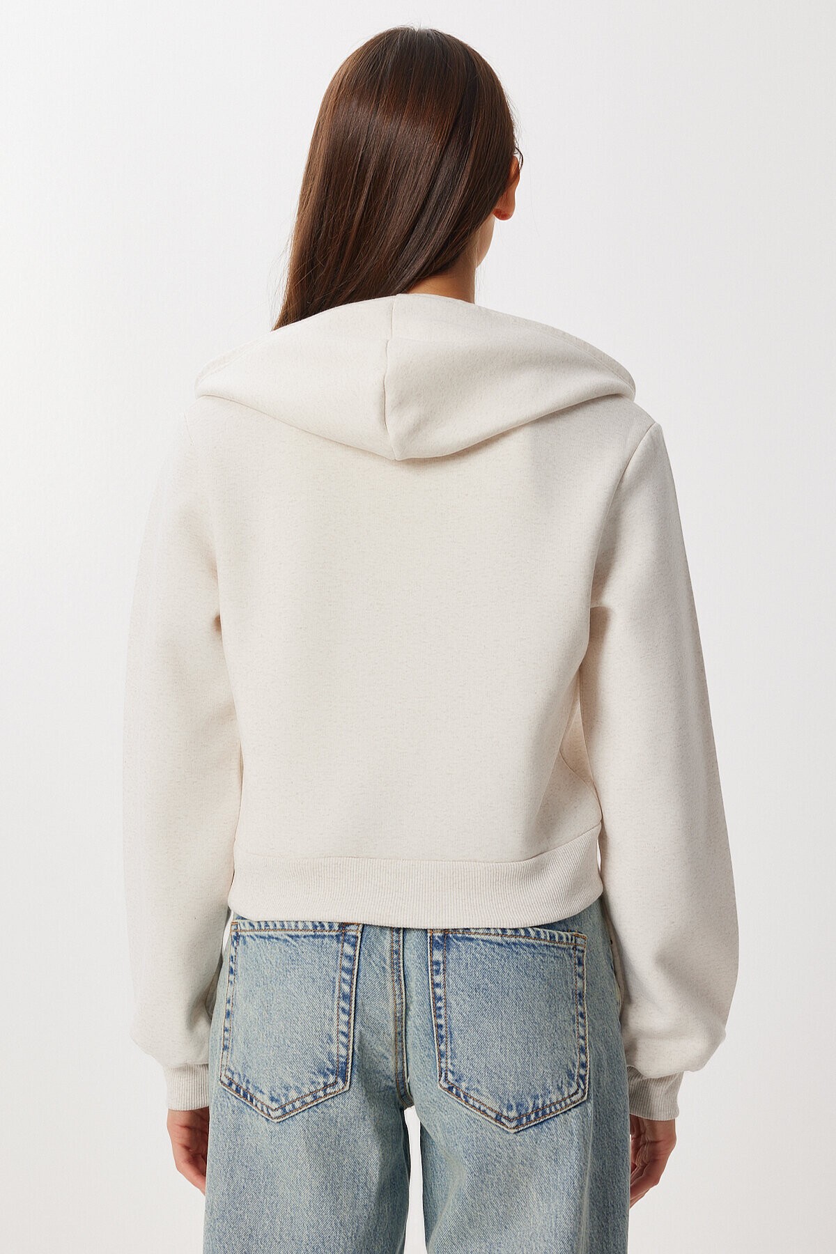 Kapüşonlu Fermuarlı Crop Sweatshirt BEJ LUB0054