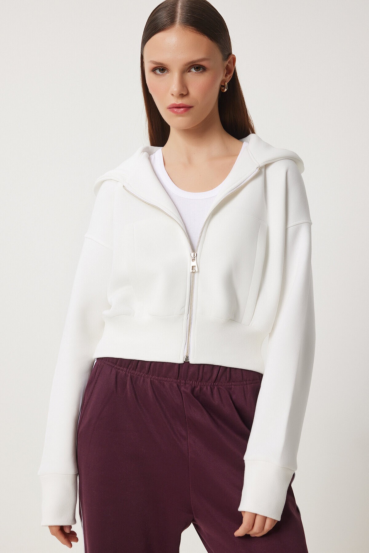Kapüşonlu Şardonlu Fermuarlı Sweatshirt EKRU LOW0019