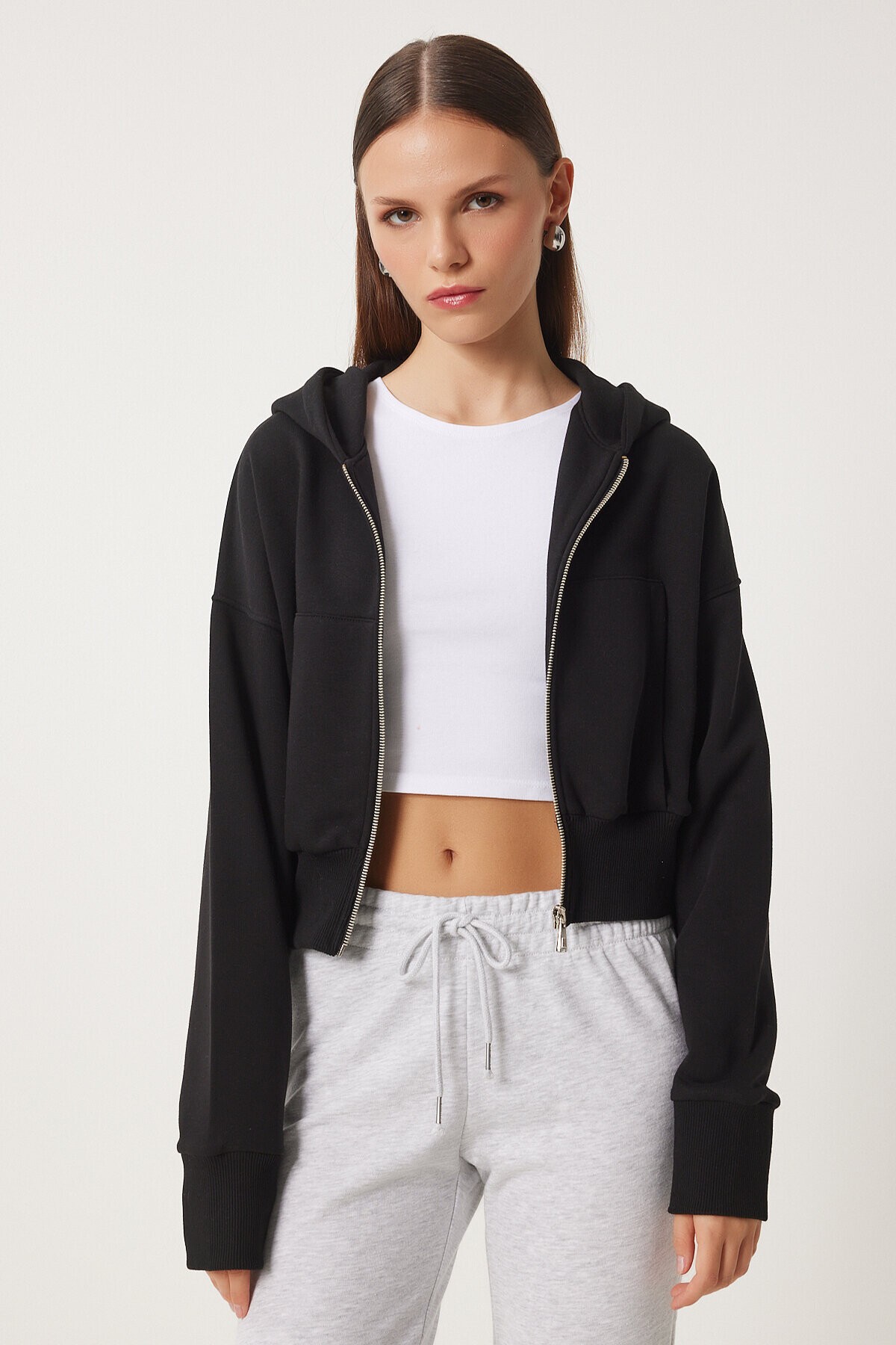 Kapüşonlu Şardonlu Fermuarlı Sweatshirt SİYAH LOW0019