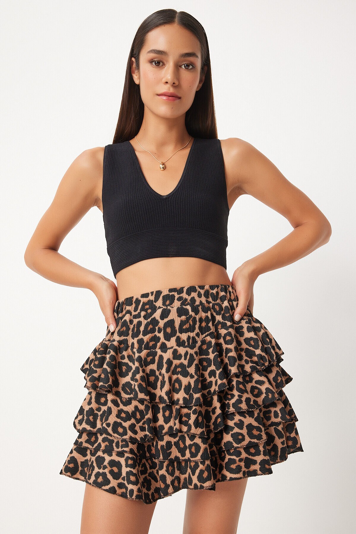 Leopar Desenli Mini Örme Şort Etek SİYAH BEJ LKQ0004