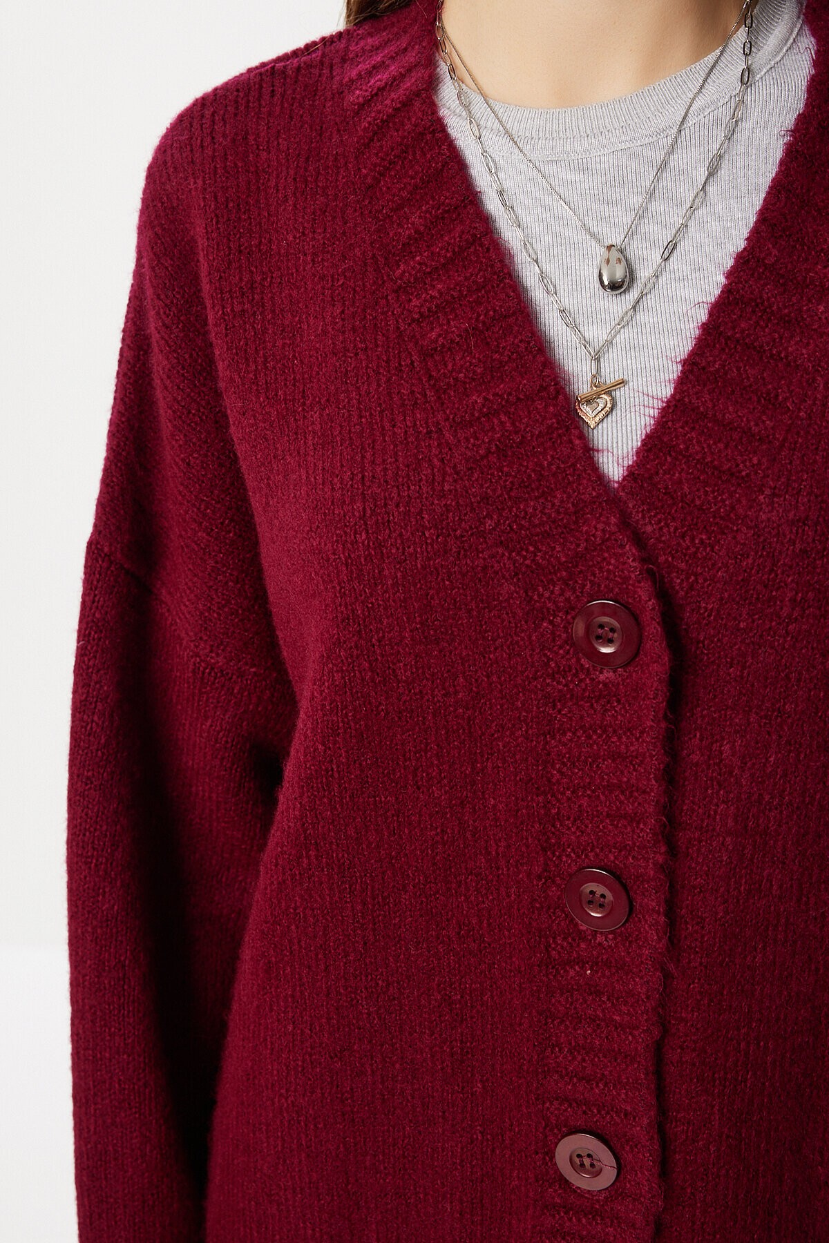 Oversize Düz Örgü Triko Hırka BORDO LNF0027