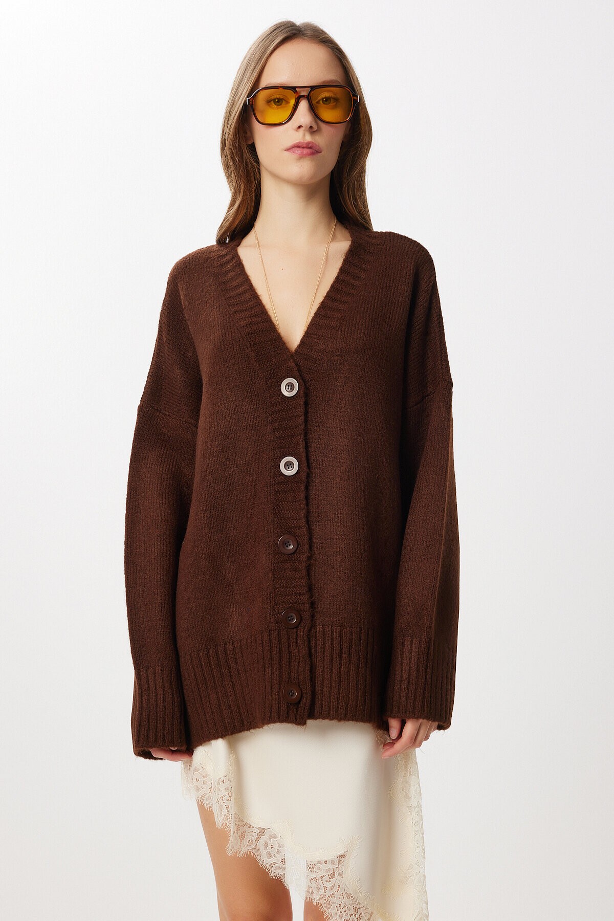 Oversize Düz Örgü Triko Hırka KAHVERENGİ LNF0027