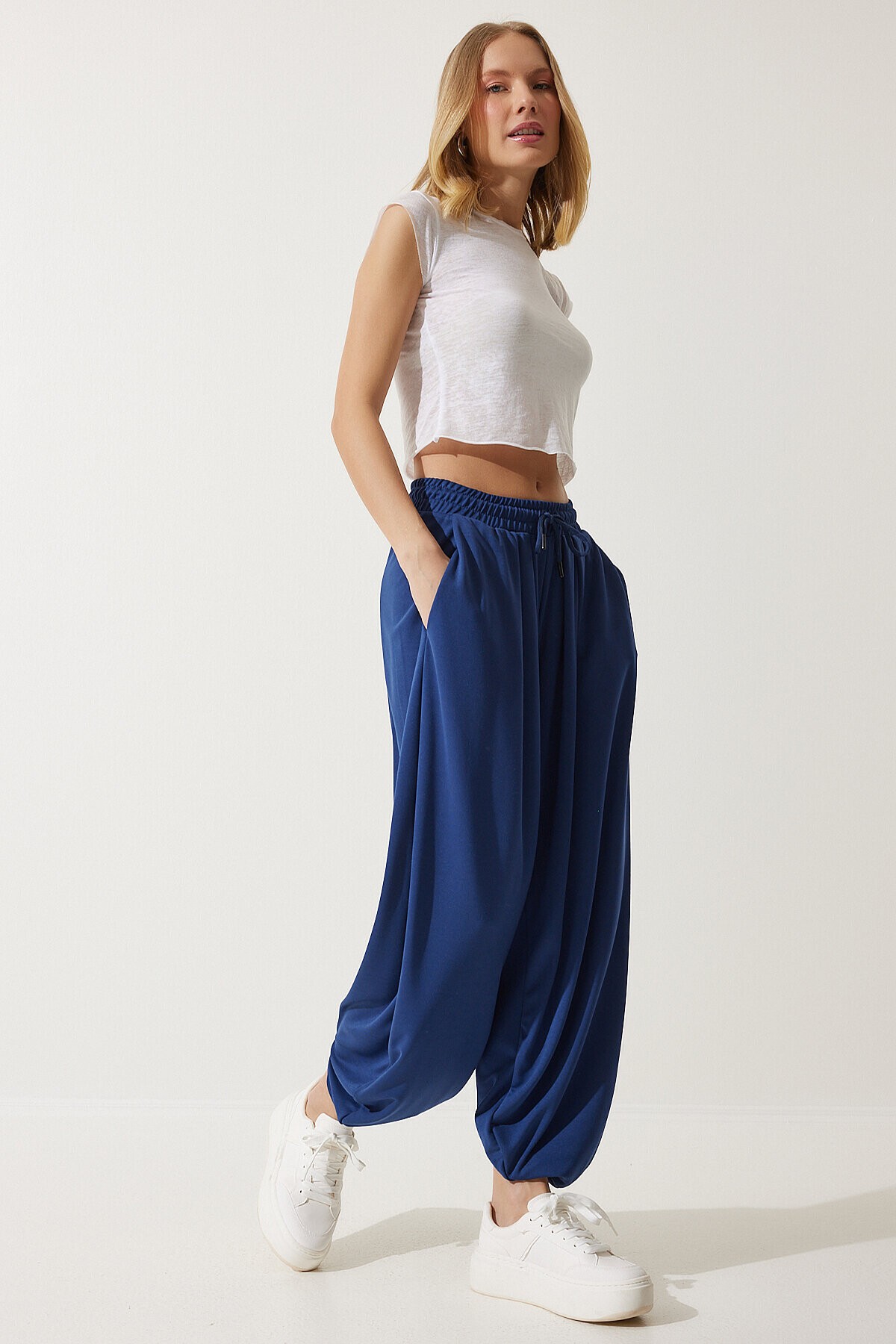 Pileli Rahat Modal Şalvar Pantolon LACİVERT LMC0093