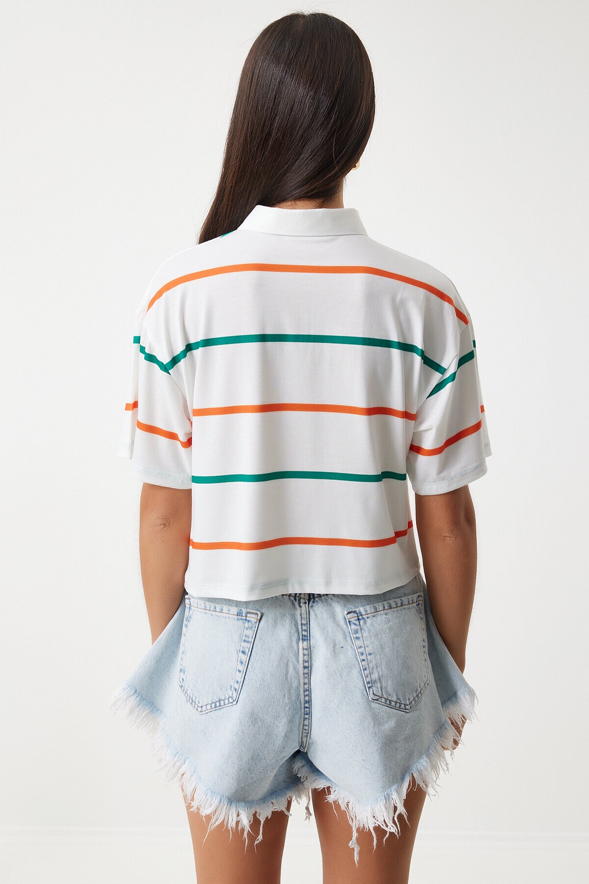 Polo Yaka Çizgili Crop Örme T-shirt EKRU ORANJ LHF0004