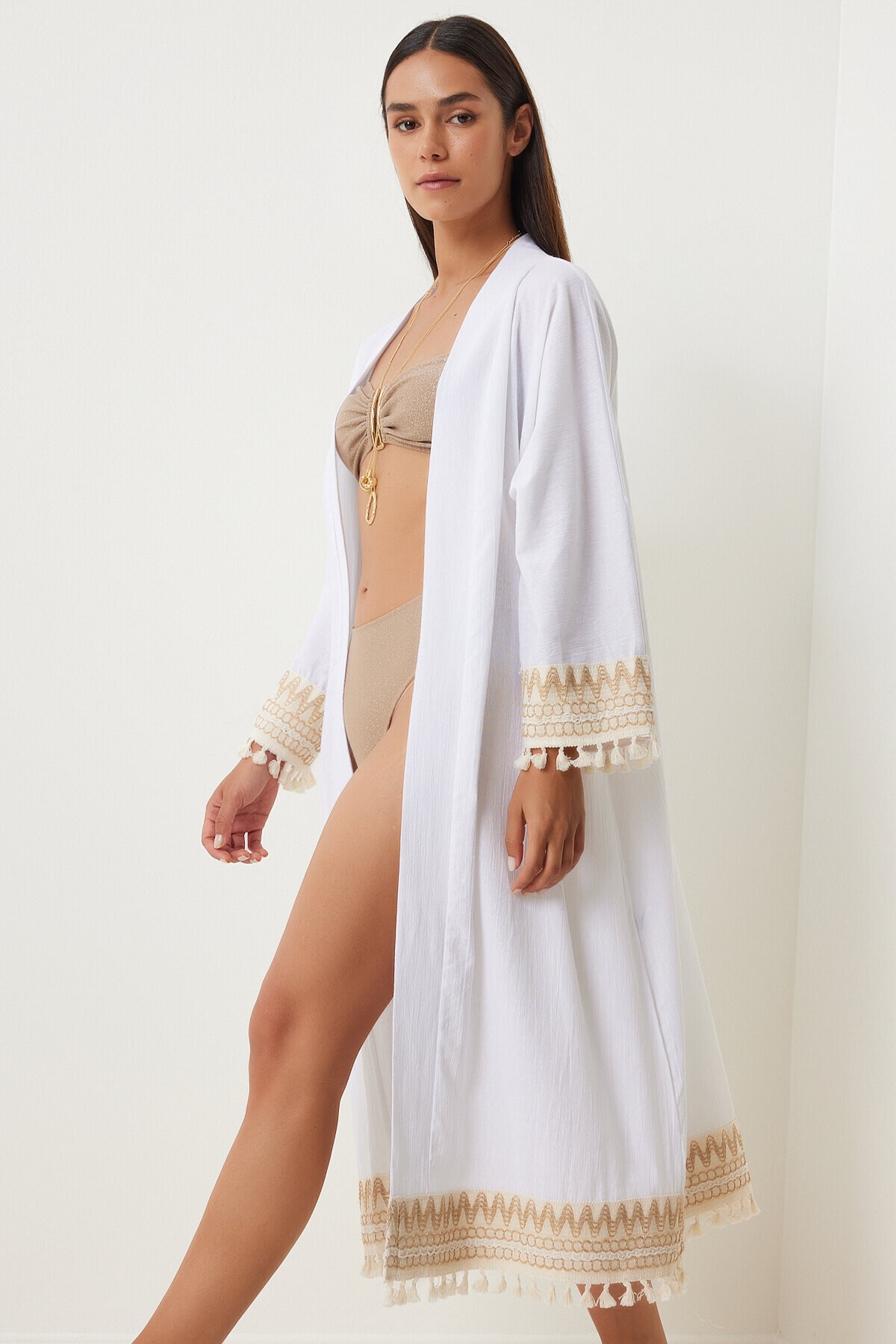 Püskül Güpür Detaylı Uzun Keten Kimono BEYAZ LOH0001