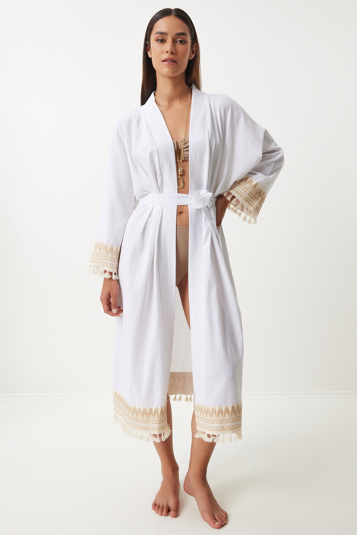 Püskül Güpür Detaylı Uzun Keten Kimono BEYAZ LOH0001