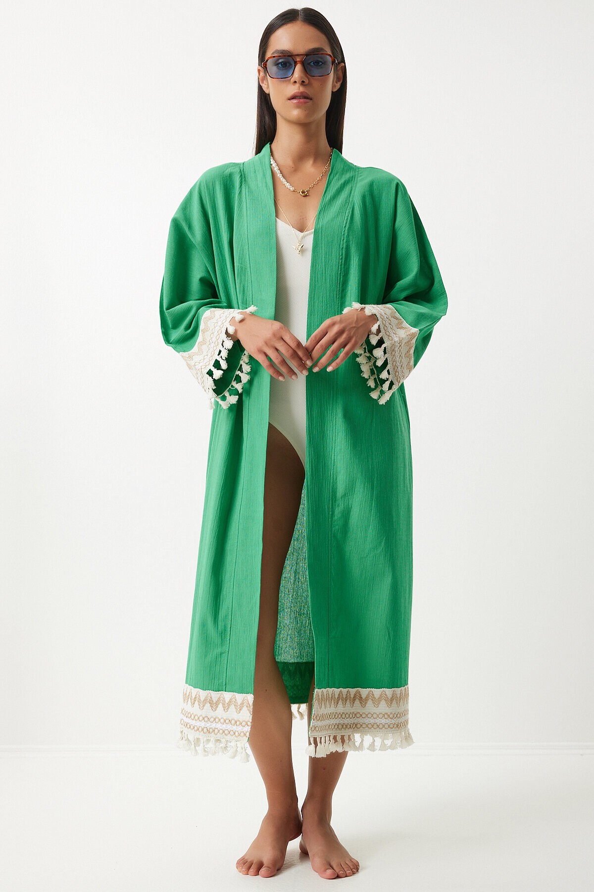 Püskül Güpür Detaylı Uzun Keten Kimono YEŞİL LOH0001