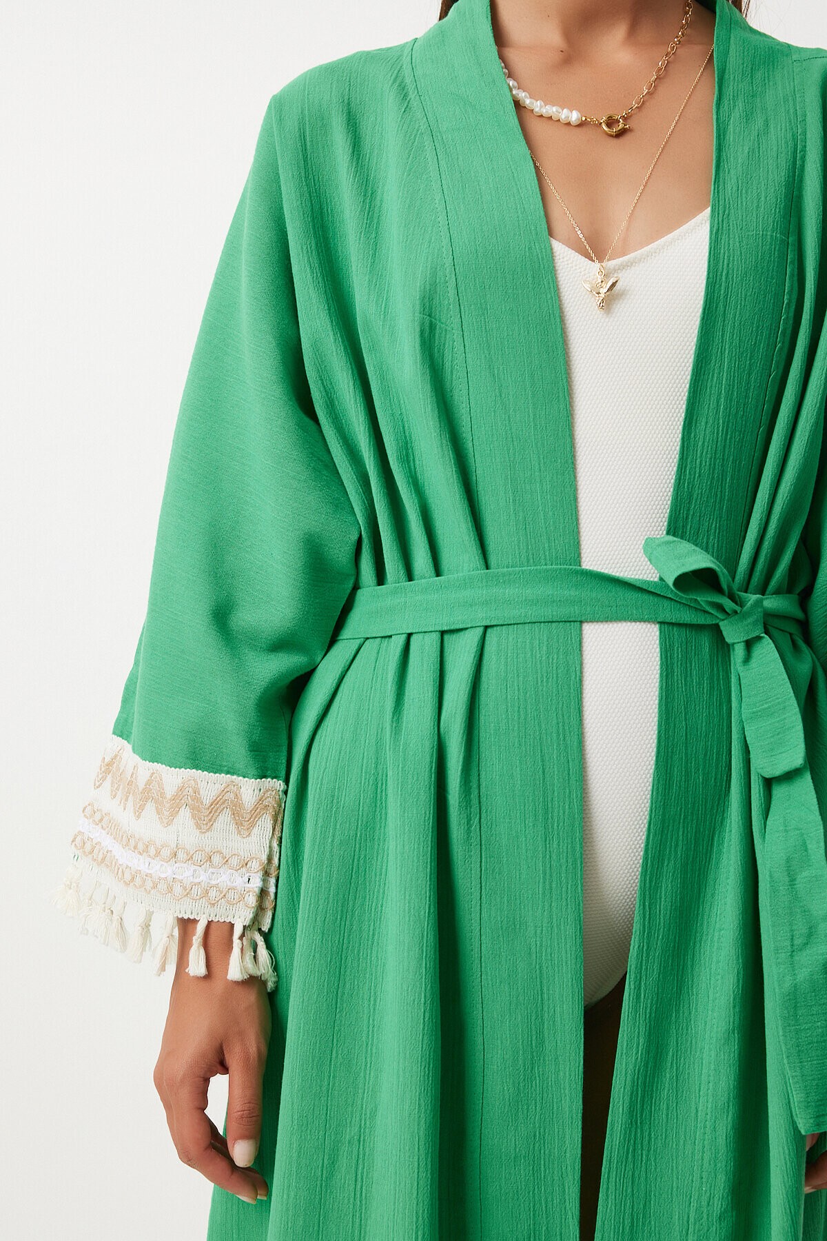Püskül Güpür Detaylı Uzun Keten Kimono YEŞİL LOH0001