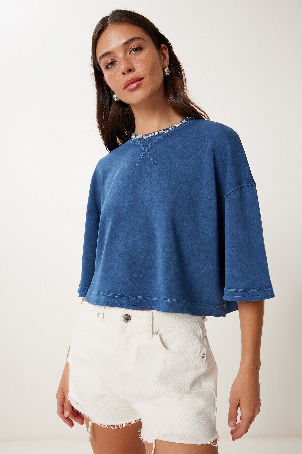 Taş Detaylı Yıkamalı Pamuklu Örme T-shirt LACİVERT LHC0014