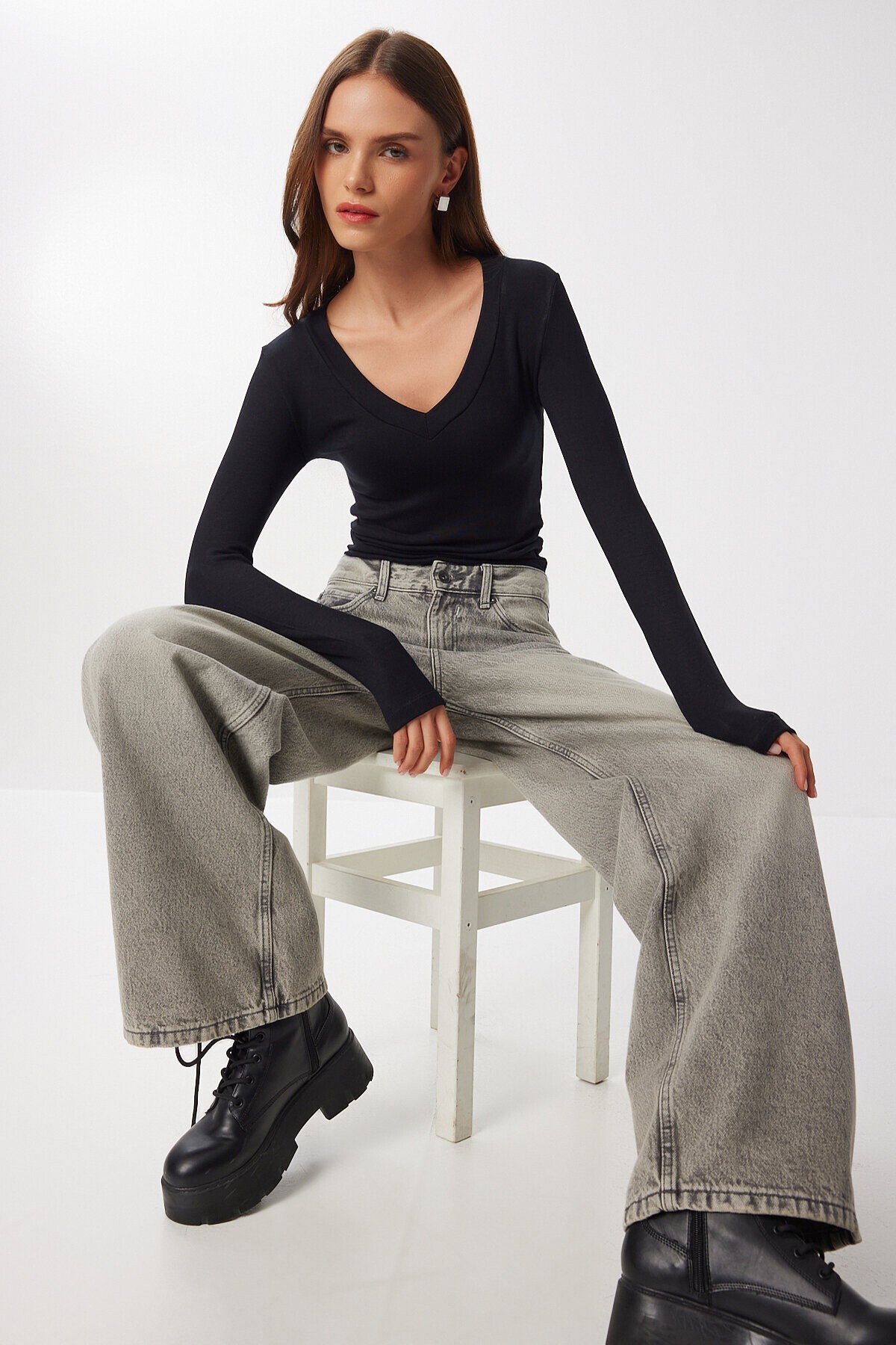 V Yaka Saran Basic Modal Bluz SİYAH LMW0029