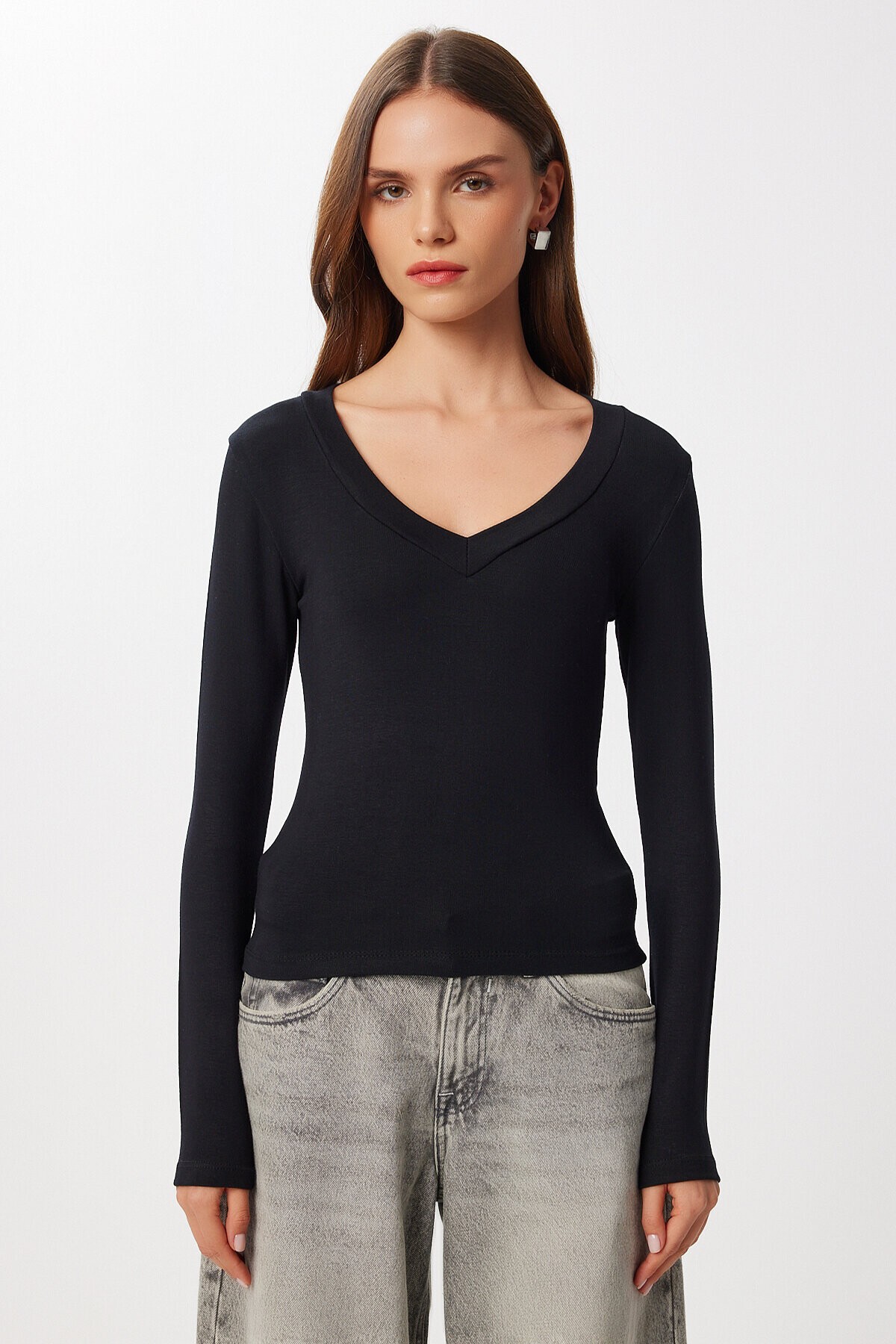 V Yaka Saran Basic Modal Bluz SİYAH LMW0029