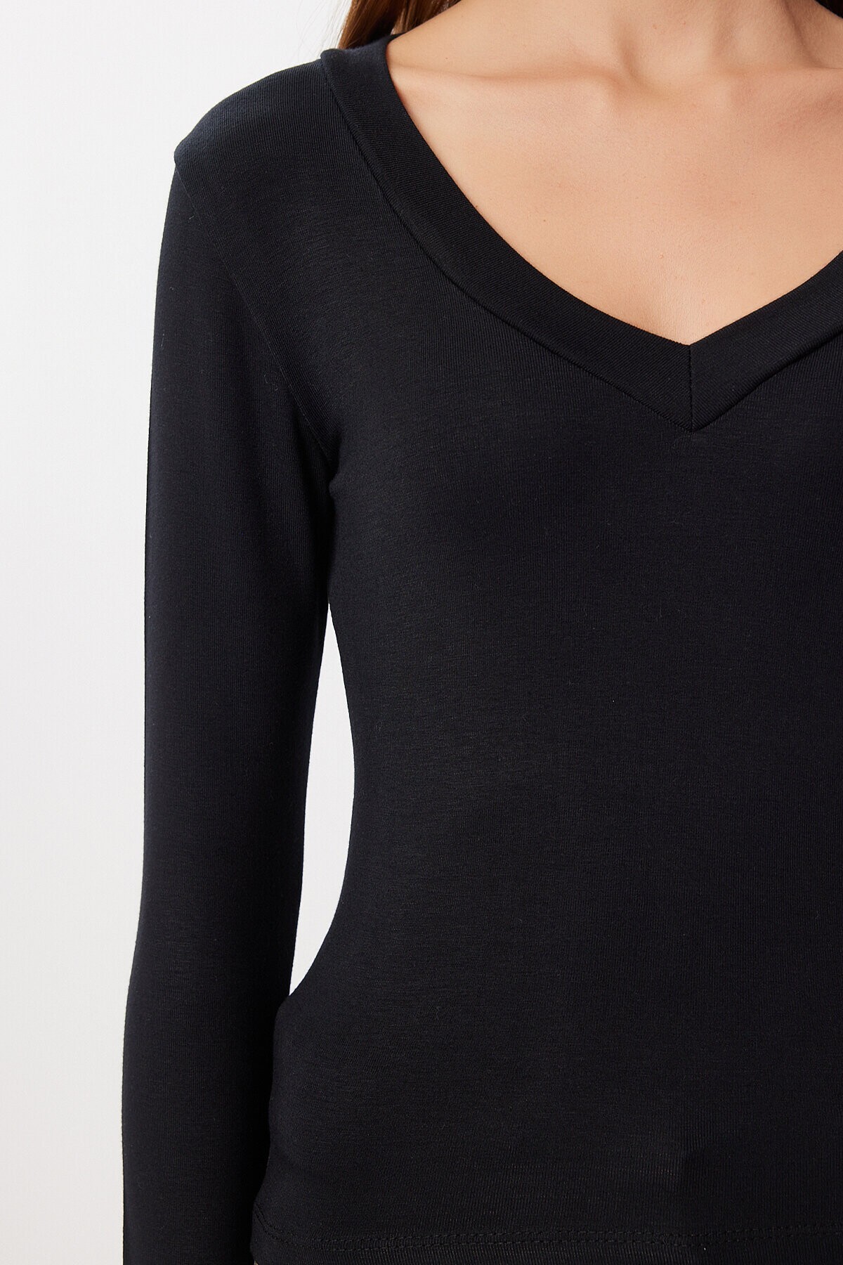 V Yaka Saran Basic Modal Bluz SİYAH LMW0029