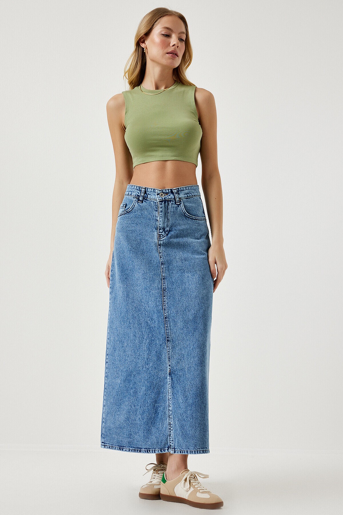 Yırtmaçlı Uzun Denim Etek AÇIK MAVİ LRV0016