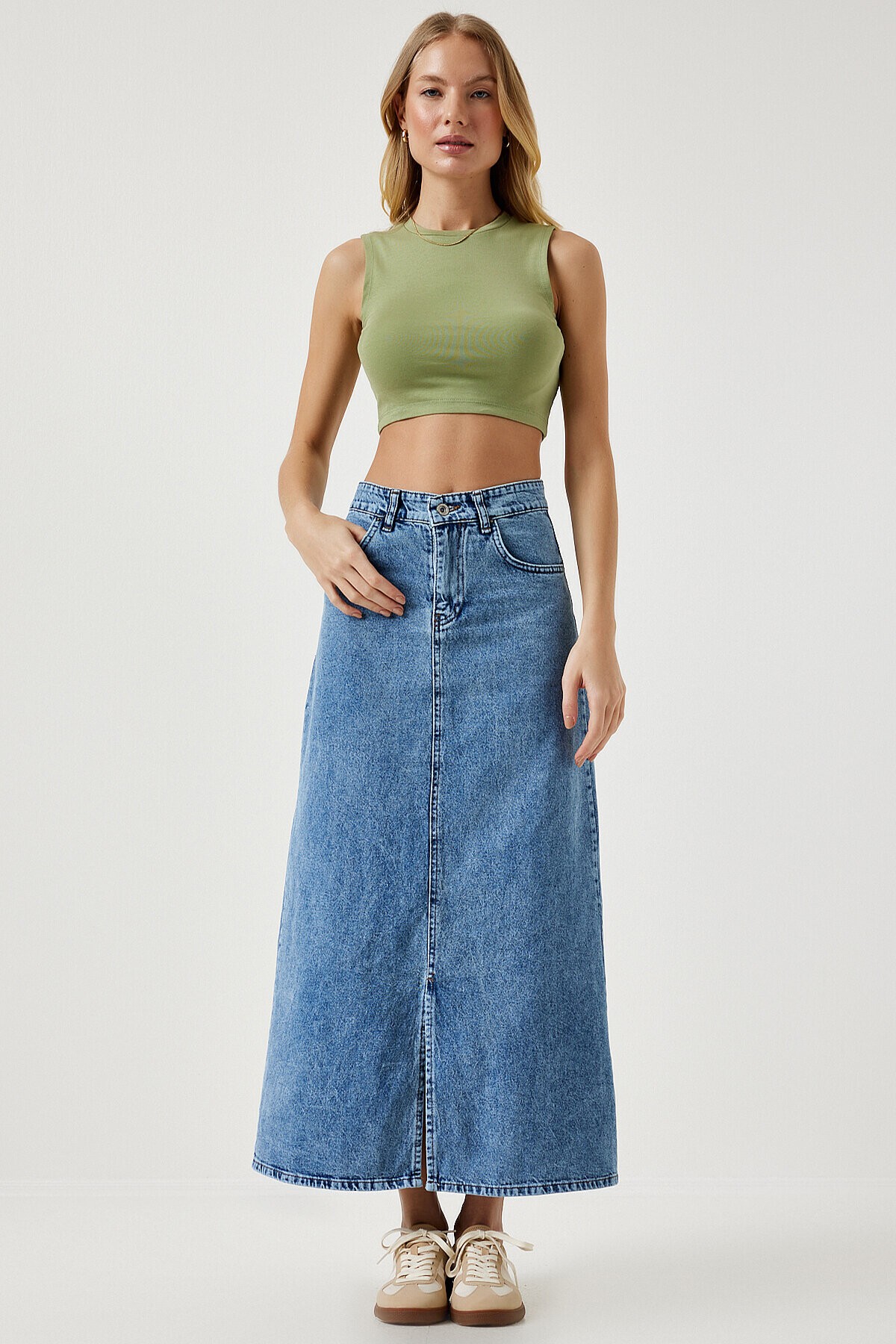 Yırtmaçlı Uzun Denim Etek AÇIK MAVİ LRV0016