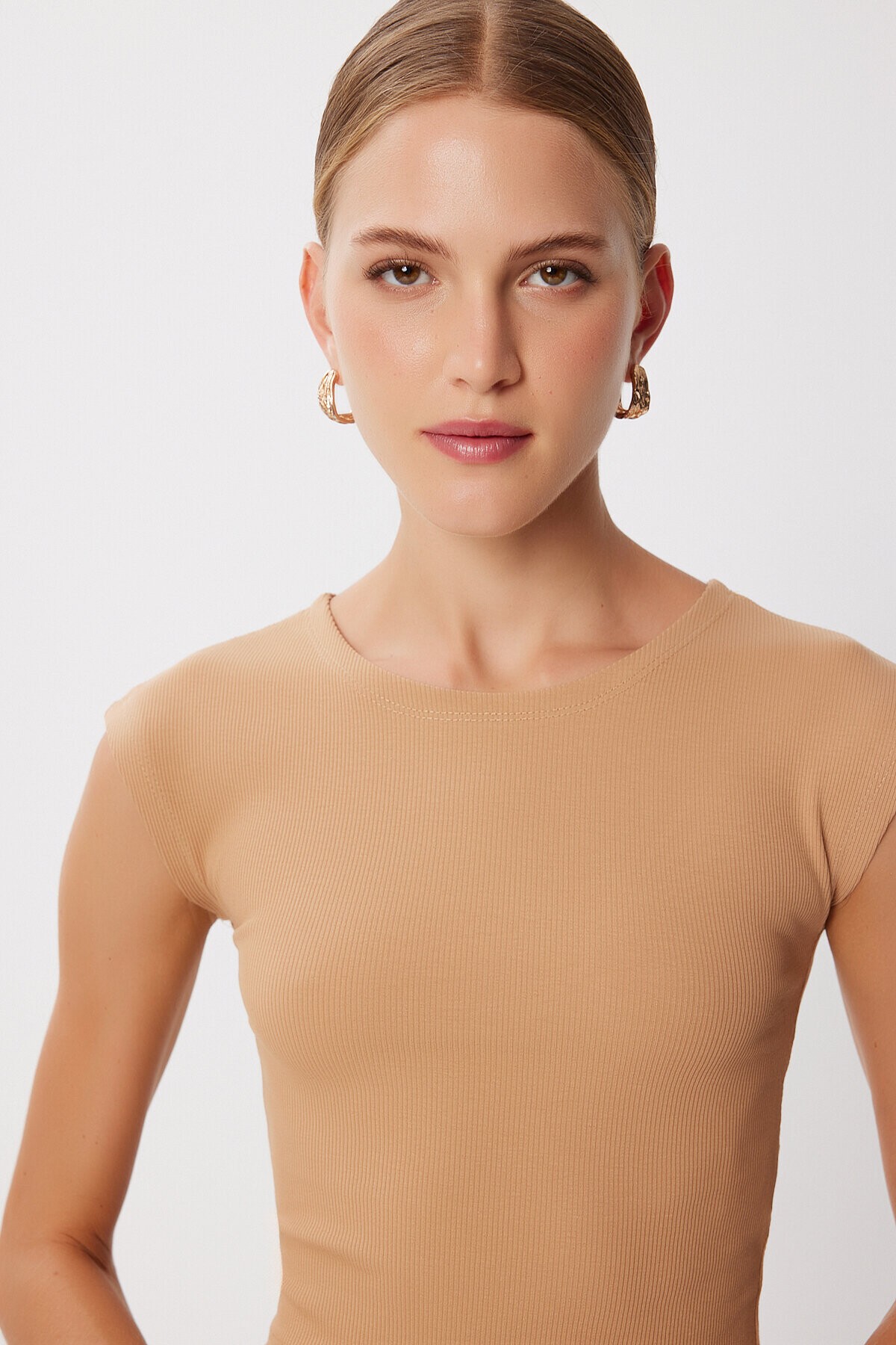 2’li Paket Basic Fitilli Örme Crop Bluz BİSKÜVİ KOYU MAVİ LMX0123