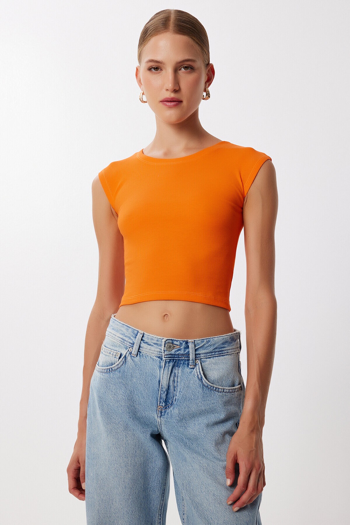 2’li Paket Basic Fitilli Örme Crop Bluz ORANJ PEMBE LMX0123