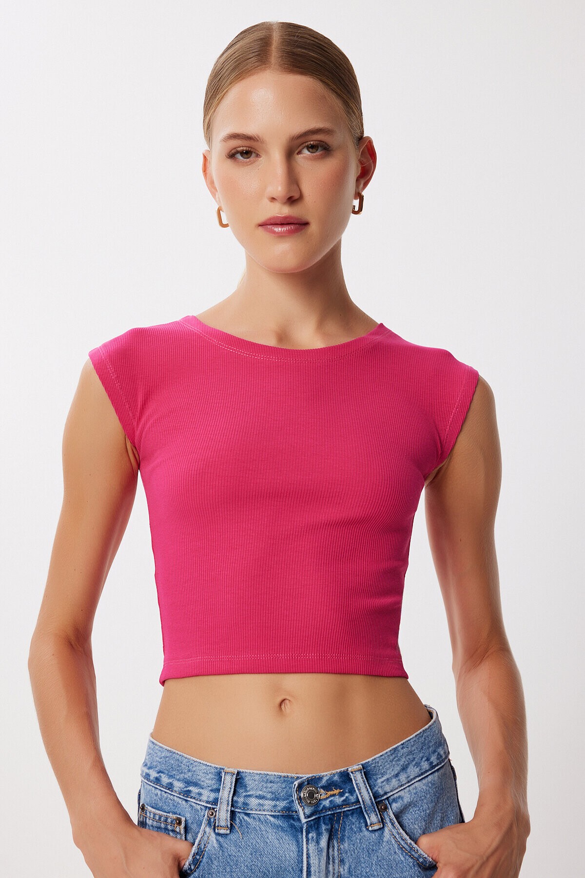 2’li Paket Basic Fitilli Örme Crop Bluz YEŞİL KOYU PEMBE LMX0123