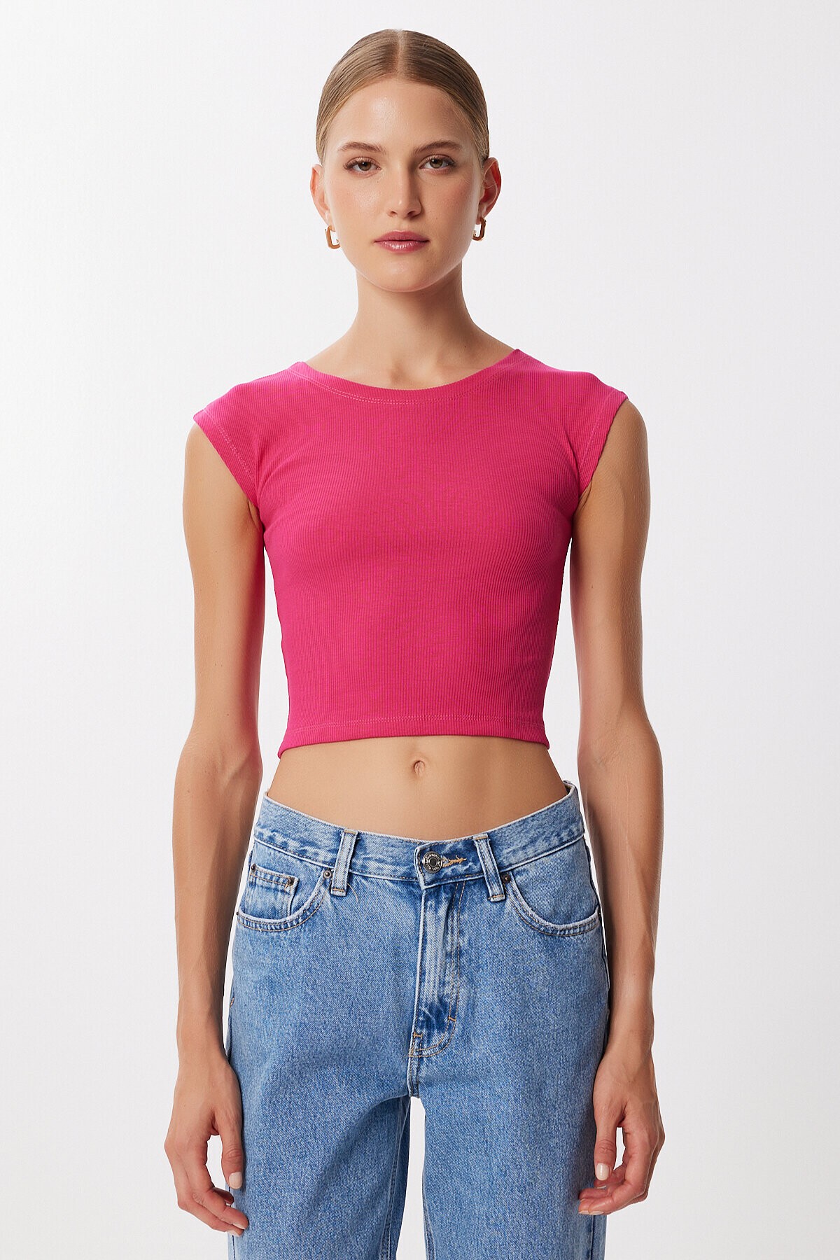2’li Paket Basic Fitilli Örme Crop Bluz YEŞİL KOYU PEMBE LMX0123