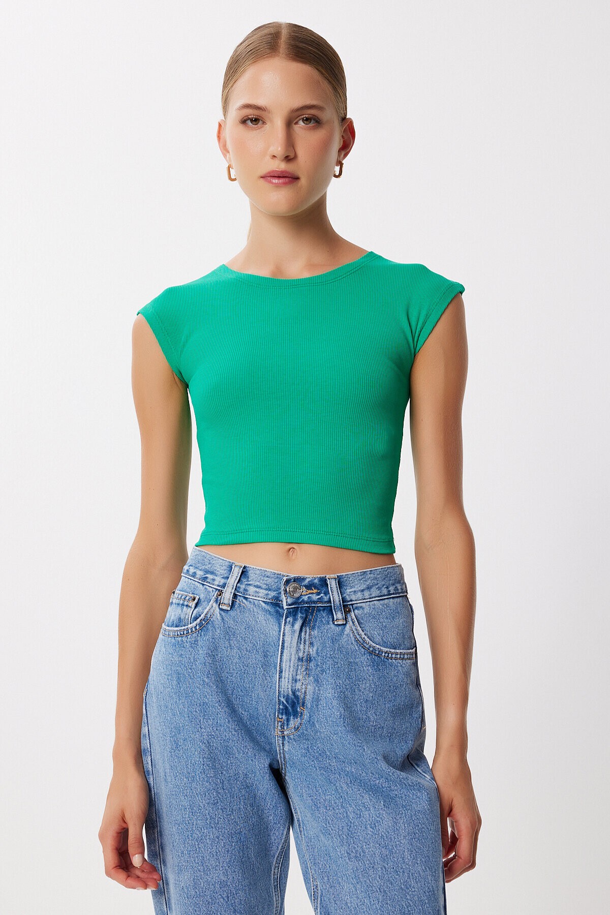 2’li Paket Basic Fitilli Örme Crop Bluz YEŞİL KOYU PEMBE LMX0123