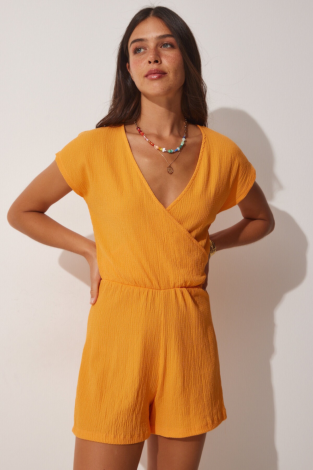 Anvelop Yaka Şortlu Kısa Örme Tulum ORANJ LUB0026