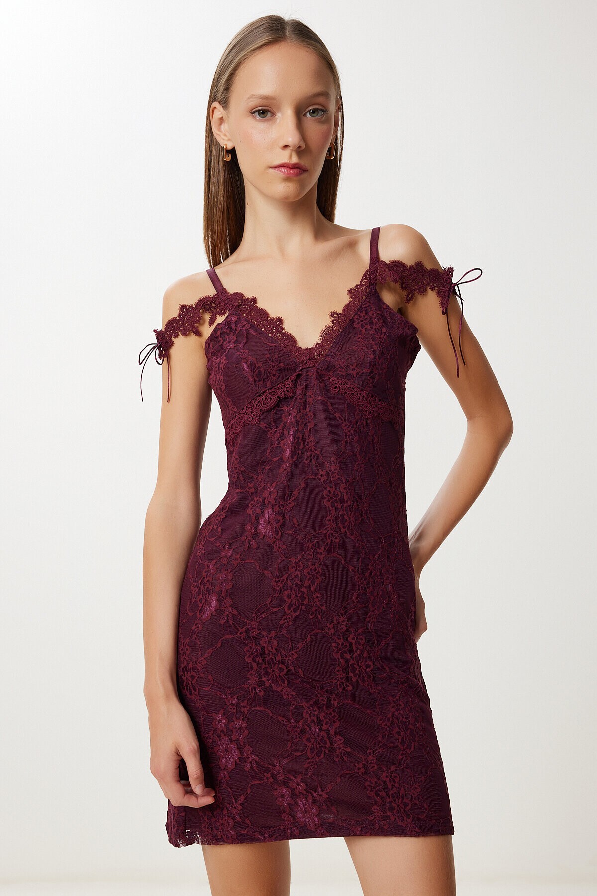 Askılı Dantelli Mini Örme Elbise BORDO LNV0008