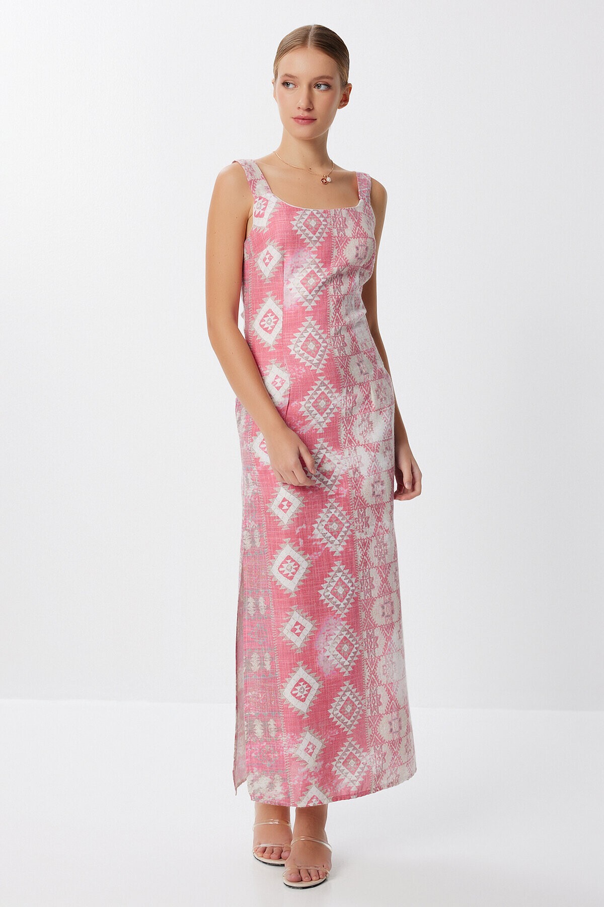 Askılı Desenli Yırtmaçlı Örme Elbise PEMBE LFF0035
