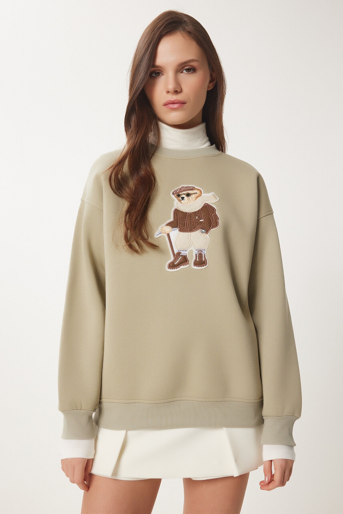 Ayıcık Armalı Şardonlu Örme Sweatshirt KİL YEŞİLİ LWE0001