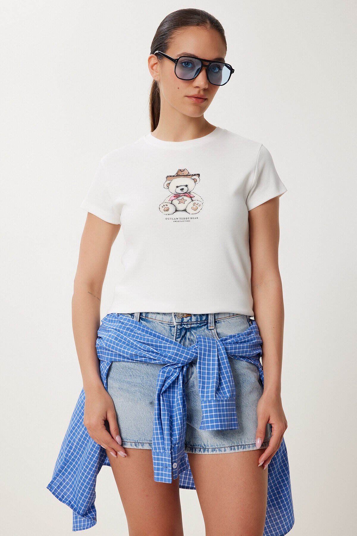 Ayıcık Baskılı Pamuklu Örme T-shirt EKRU LUB0111