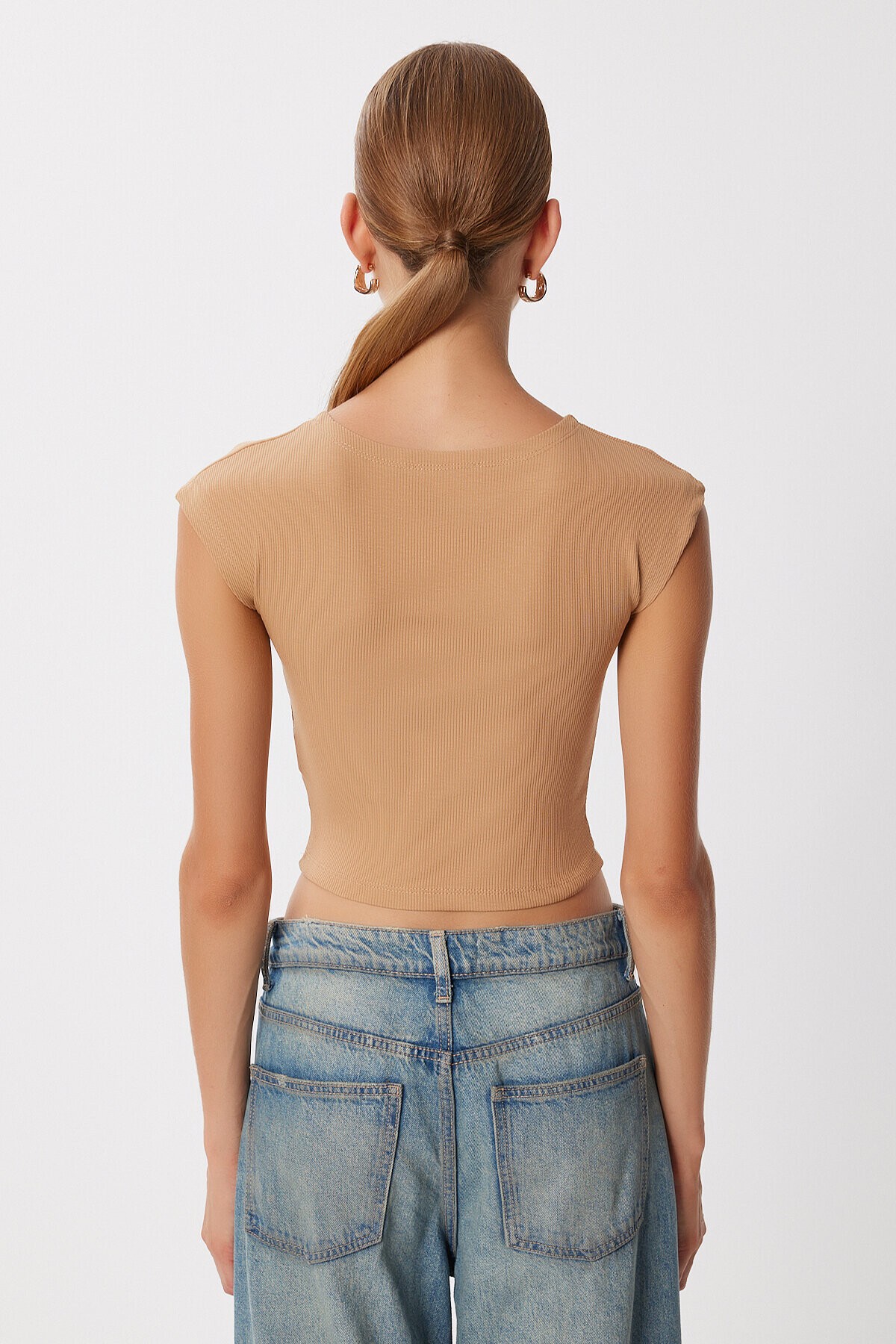 Basic Fitilli Örme Crop Bluz BİSKÜVİ LMX0122