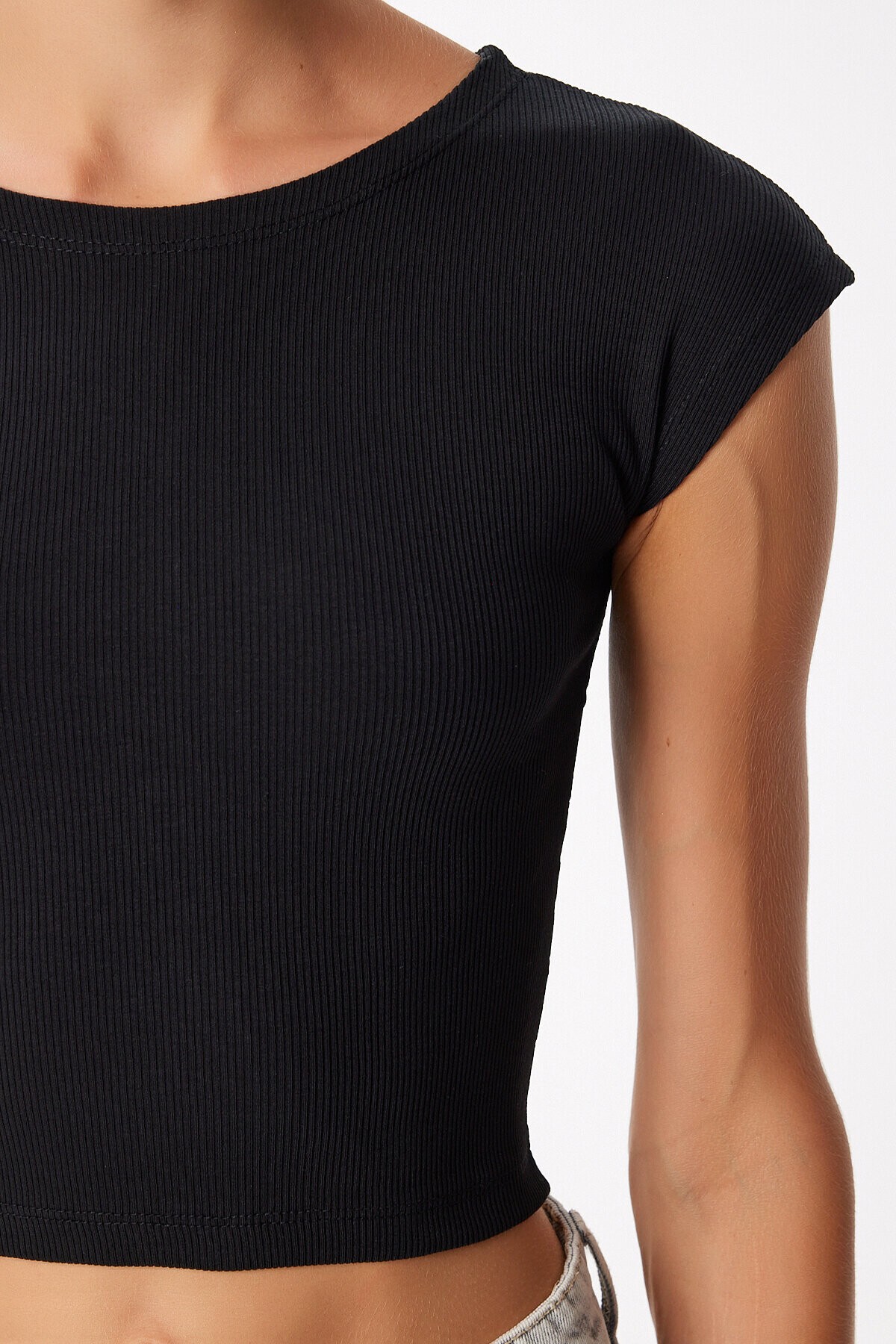 Basic Fitilli Örme Crop Bluz SİYAH LMX0122