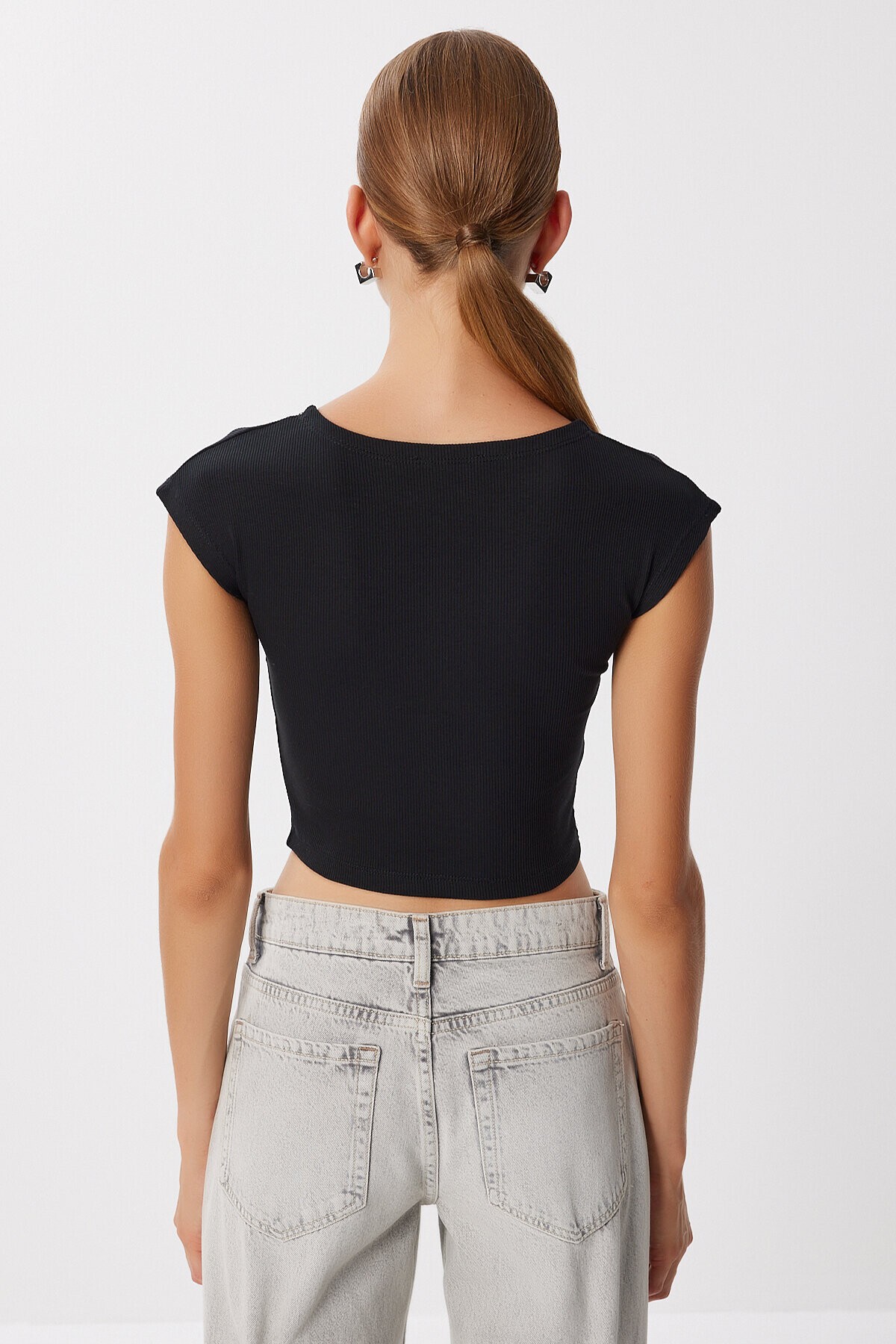 Basic Fitilli Örme Crop Bluz SİYAH LMX0122