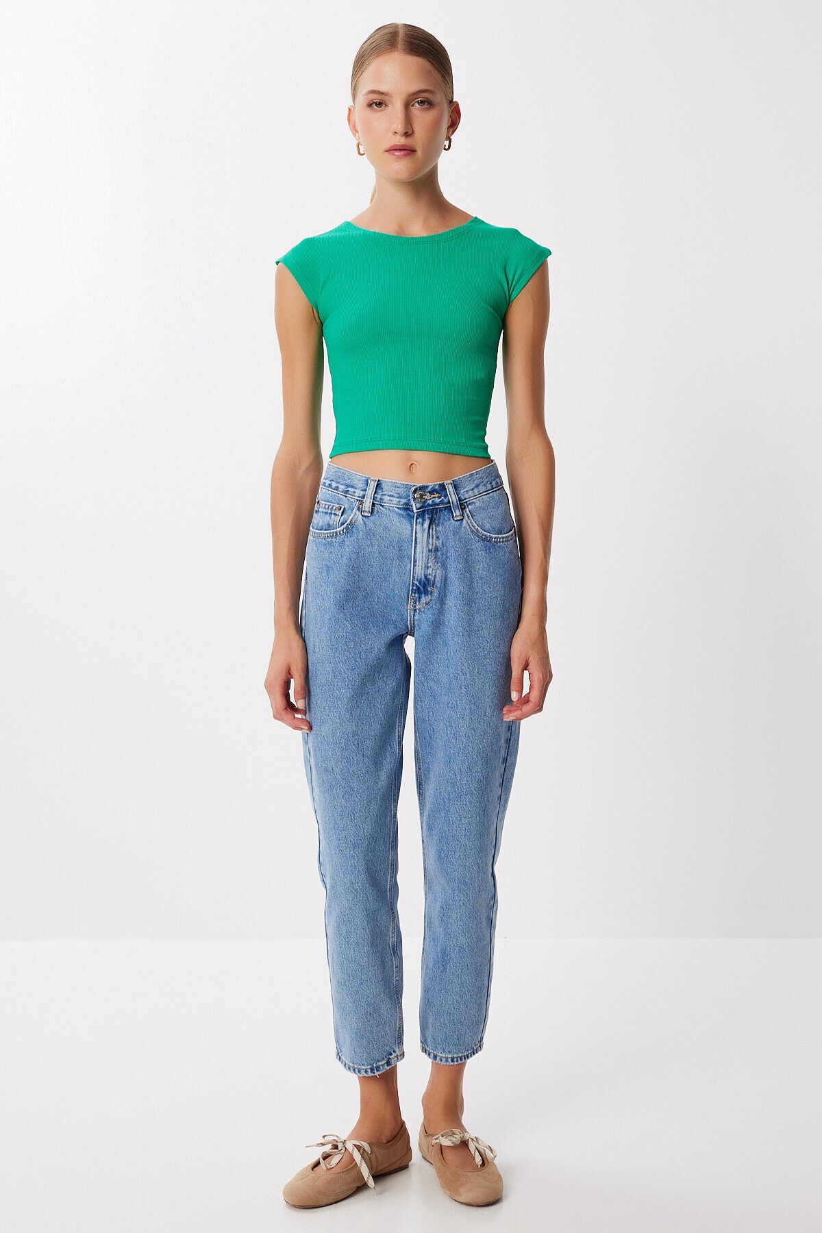 Basic Fitilli Örme Crop Bluz YEŞİL LMX0122