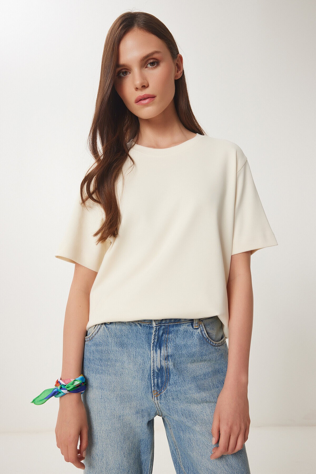 Basic Pamuklu Örme T-shirt KREM LUS0094