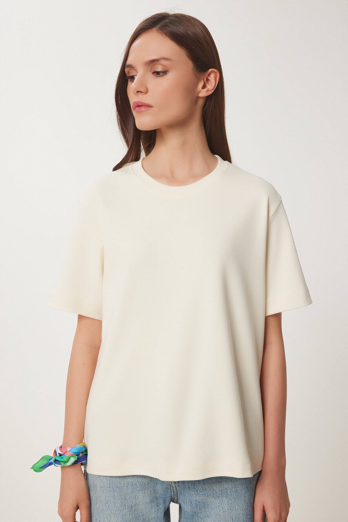 Basic Pamuklu Örme T-shirt KREM LUS0094