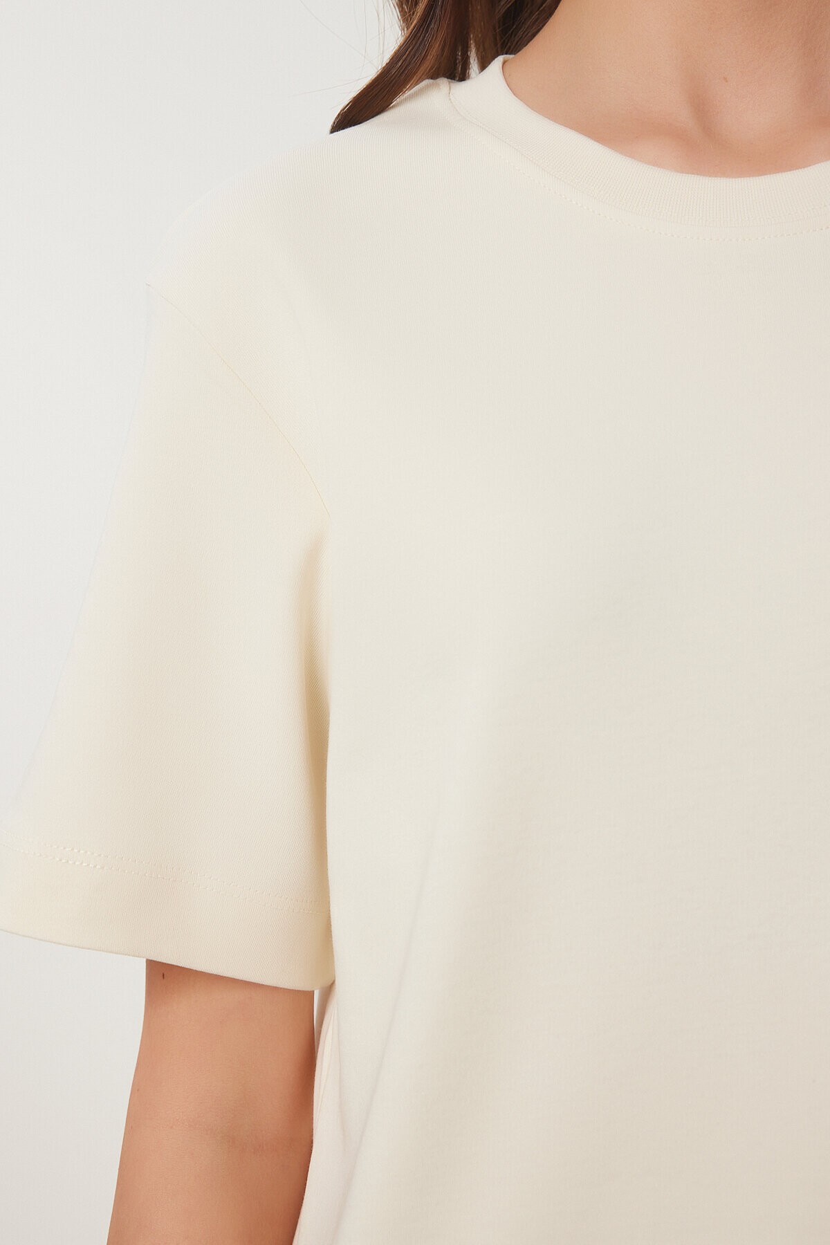 Basic Pamuklu Örme T-shirt KREM LUS0094
