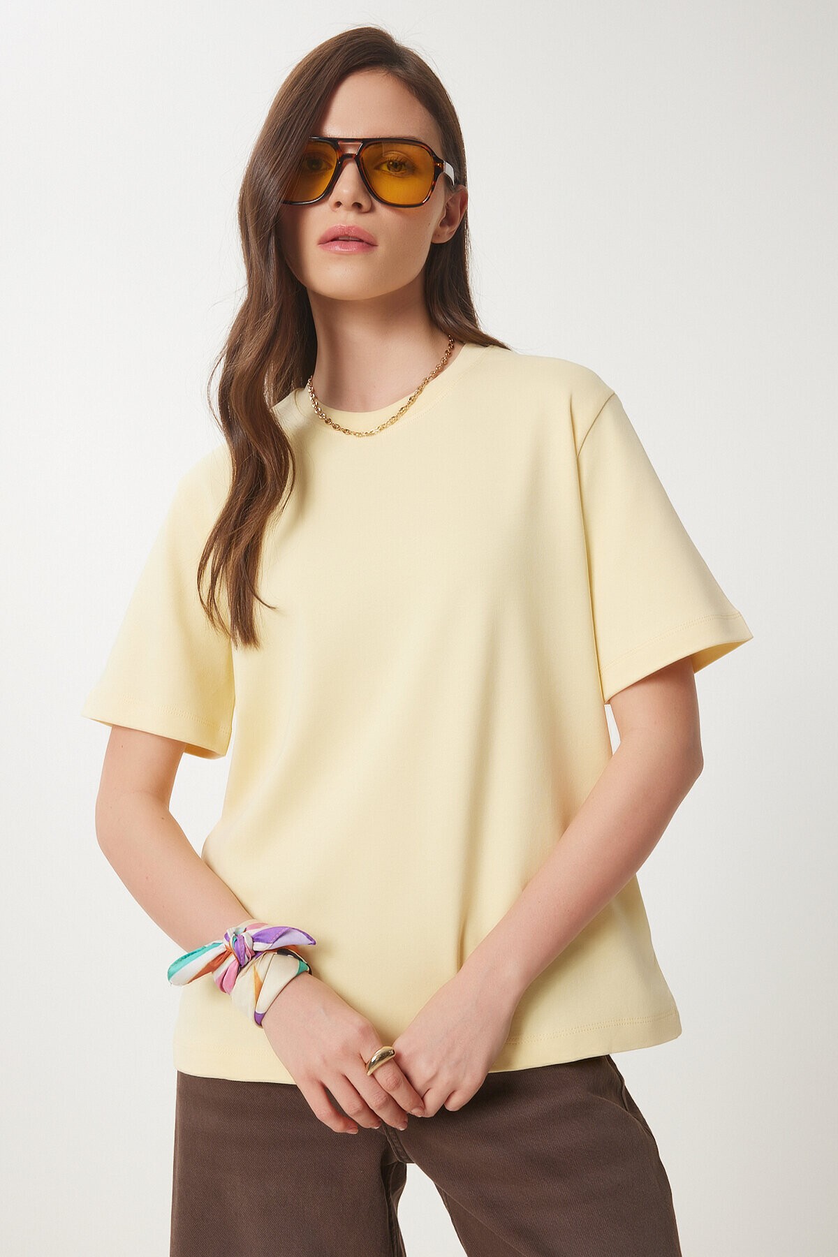 Basic Pamuklu Örme T-shirt SARI LUS0094